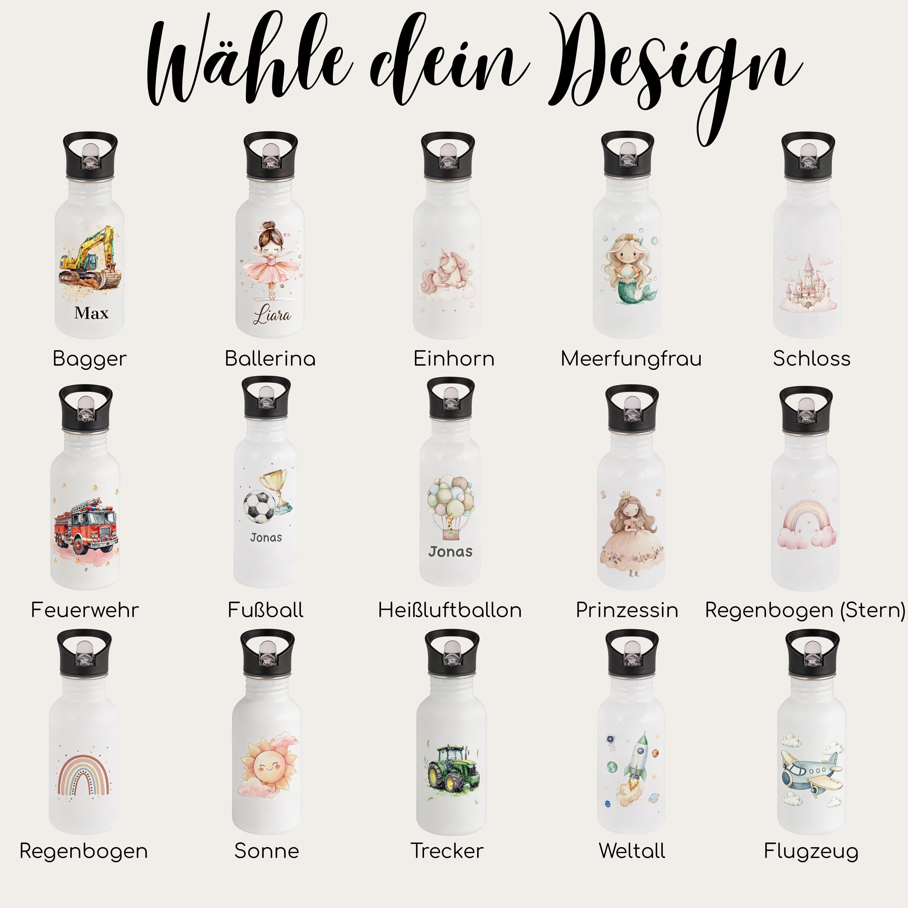 Personalisierte Trinkflache für Kinder, Flasche mit Namen und Motiv, Geschenk für Junge und Mädchen