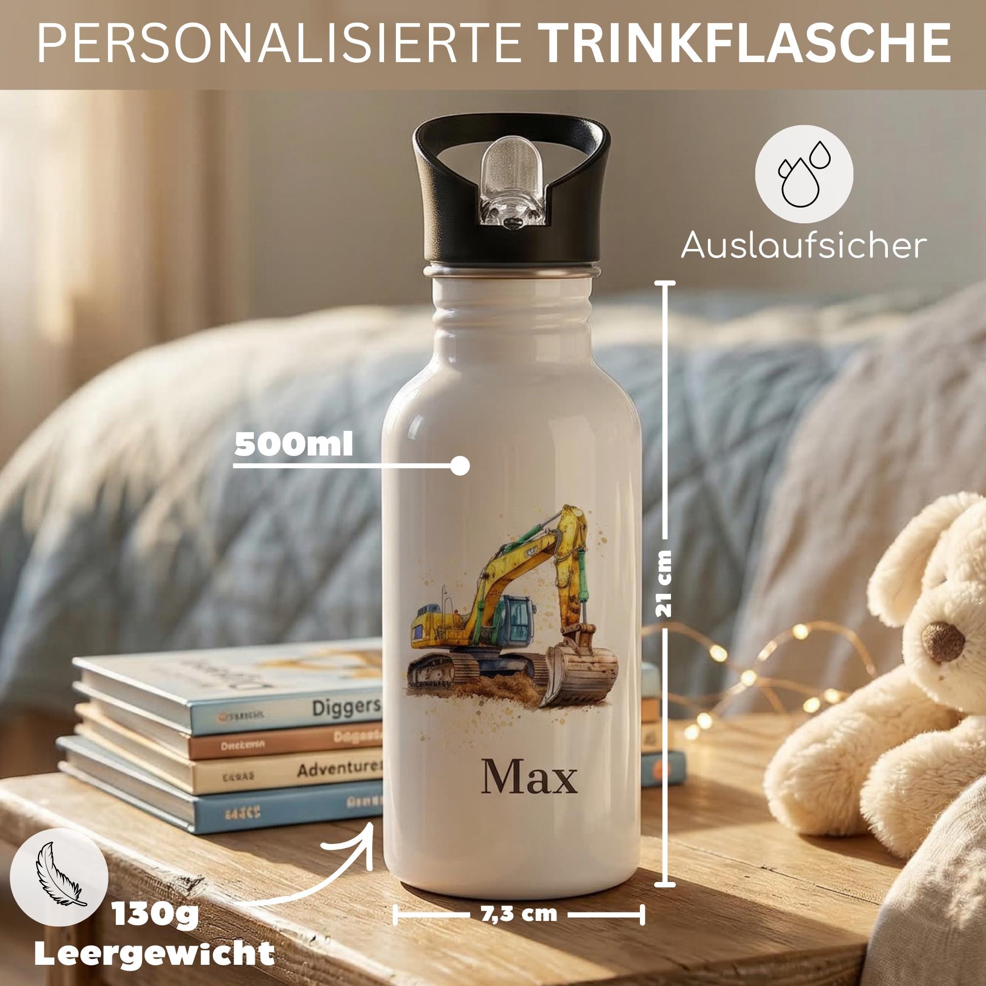 Personalisierte Trinkflache für Kinder, Flasche mit Namen und Motiv, Geschenk für Junge und Mädchen