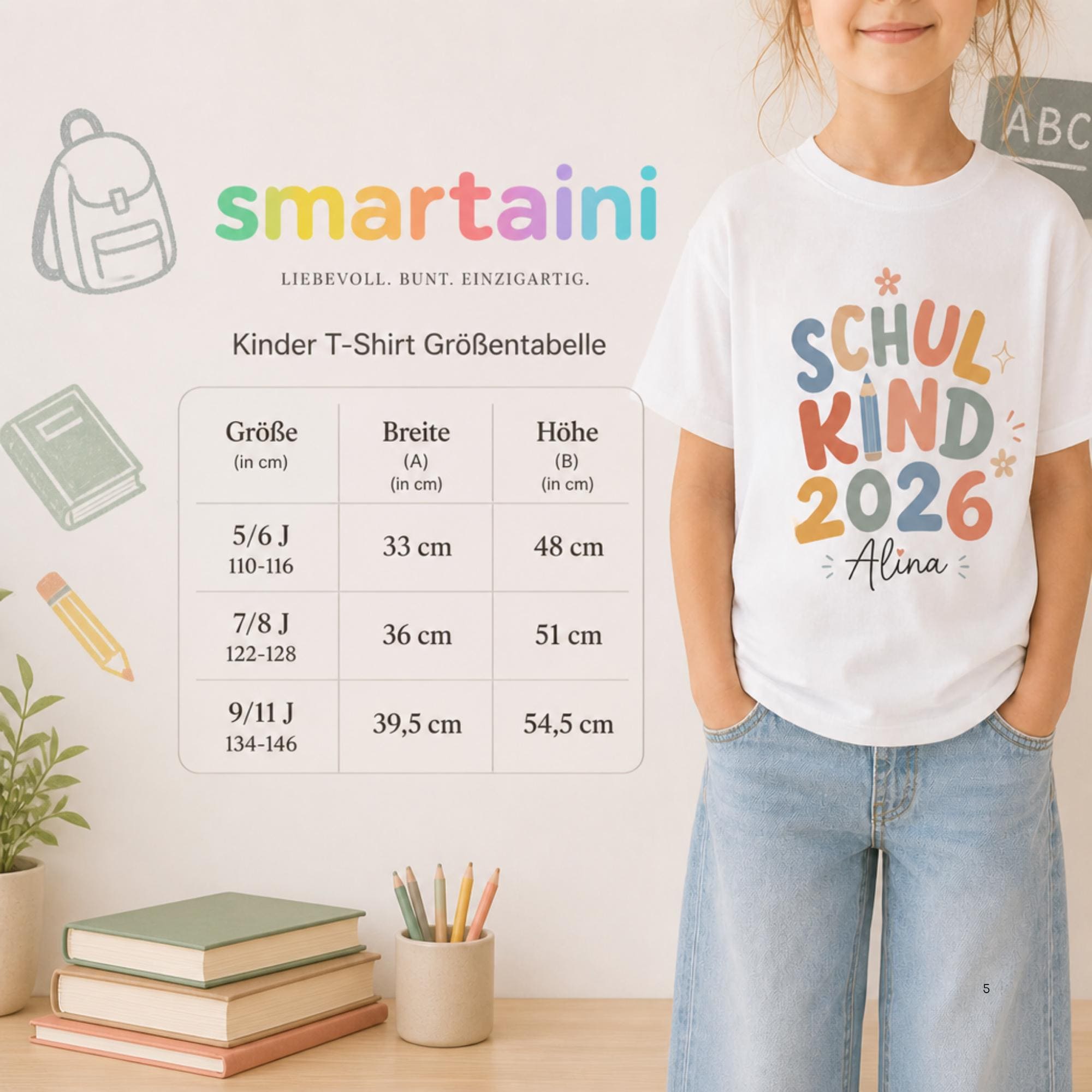 Personalisiertes Tshirt für Schulkinder 2026 mit Namen, Weiße Shirts für Kinder, Schulanfang, Einschulung