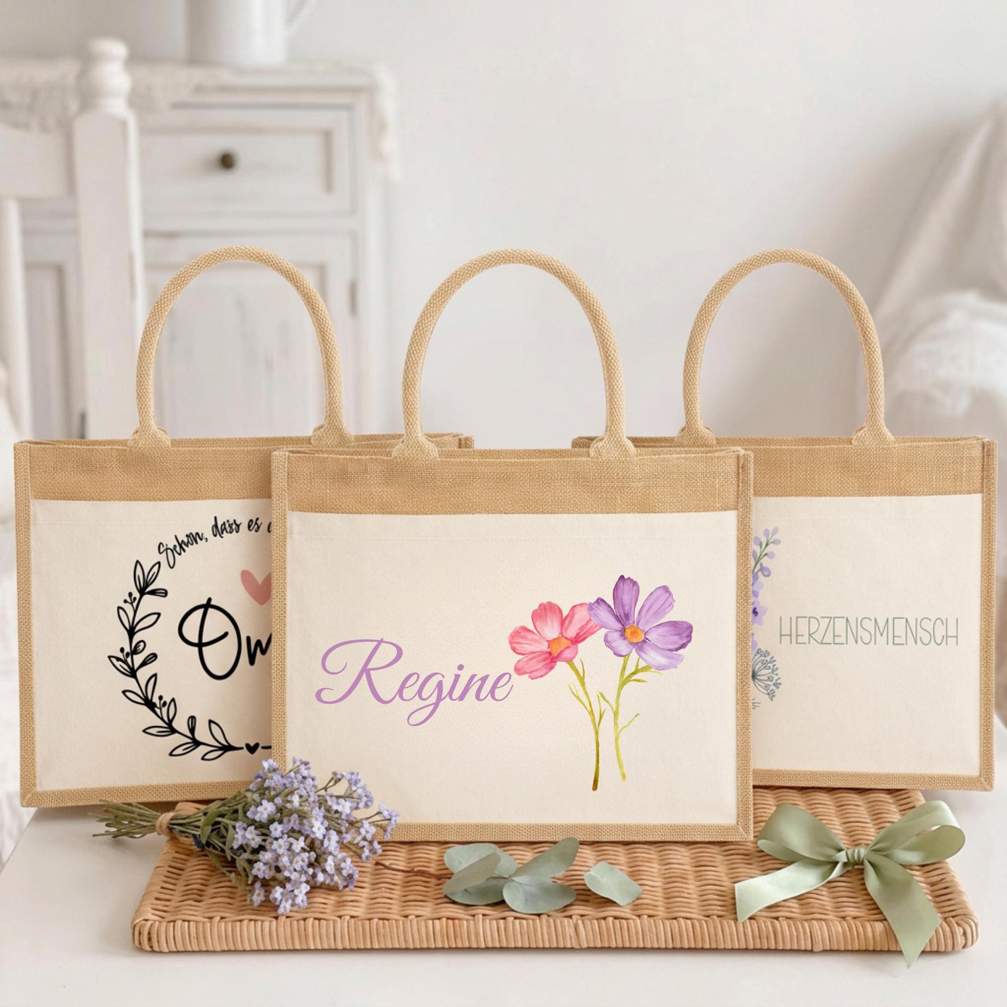 Personalisierte Jutetasche mit Name & Initial – Große Jutetasche Damen, Shopper Tasche, Einkaufstasche, Tote Bag, Design 8 Blume 4