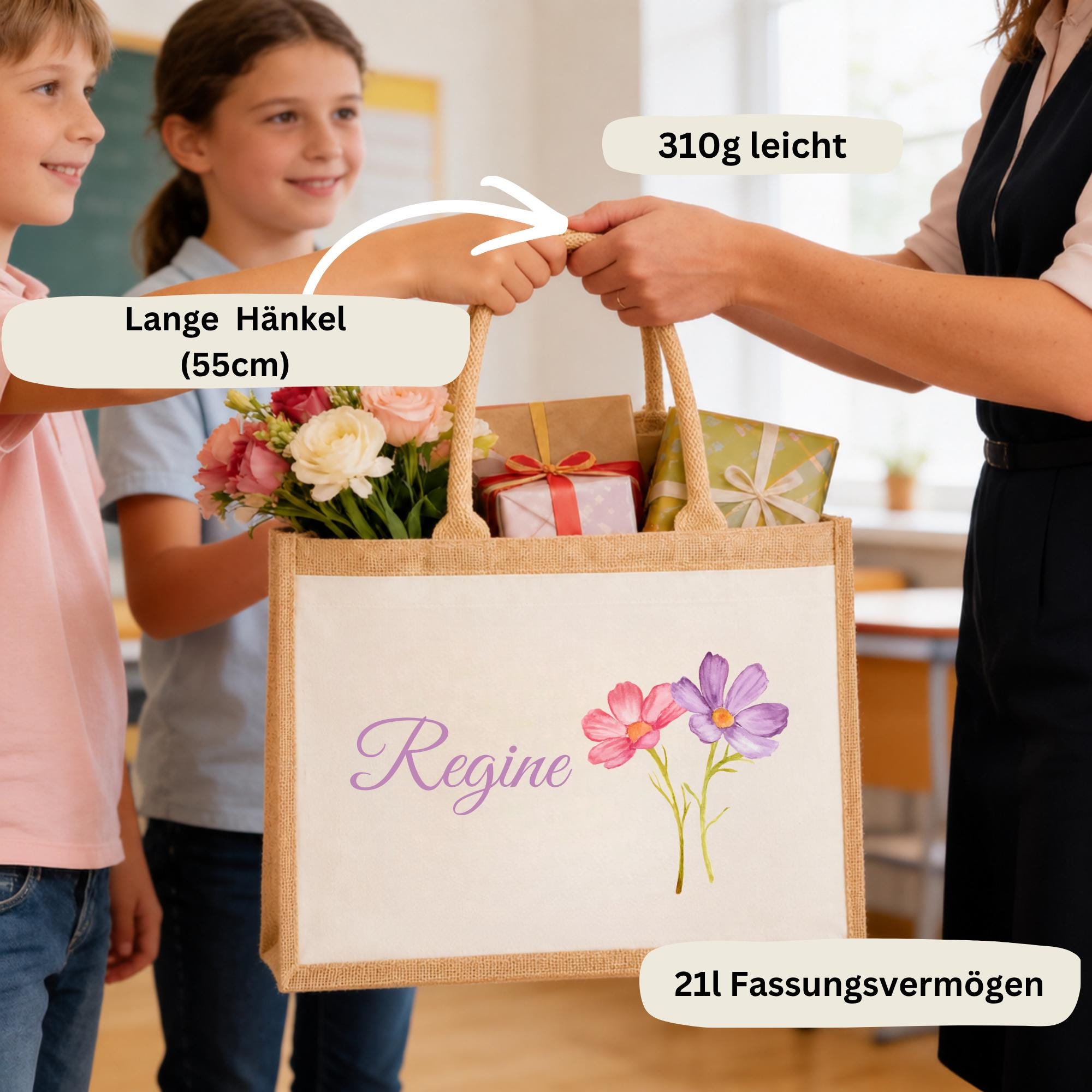 Personalisierte Jutetasche mit Name & Initial – Große Jutetasche Damen, Shopper Tasche, Einkaufstasche, Tote Bag, Design 8 Blume 4