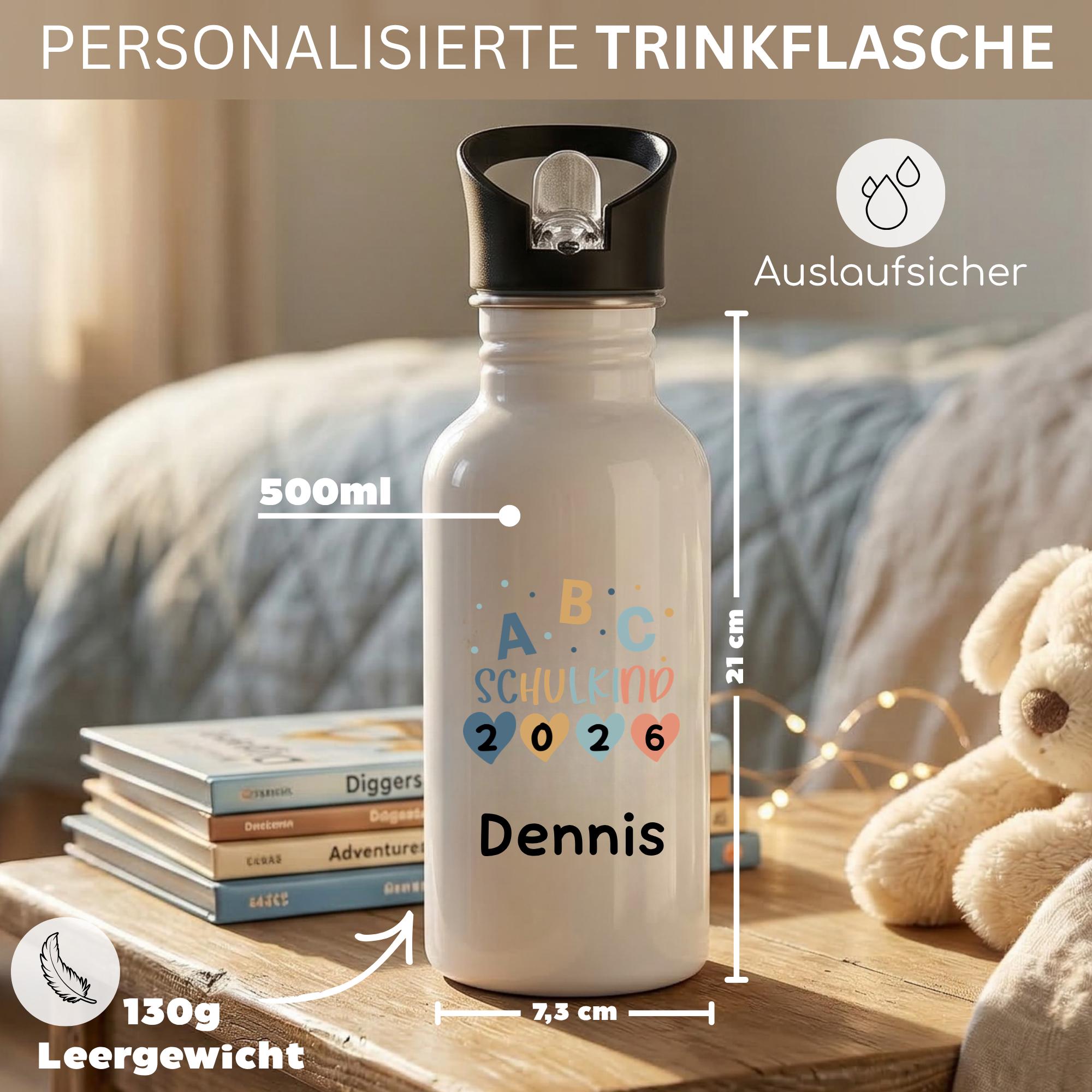 Personalisierte Trinkflasche Kinder mit Namen – Schulkind 2026 – Einschulung Geschenk – Trinkflasche personalisiert Mädchen Junge