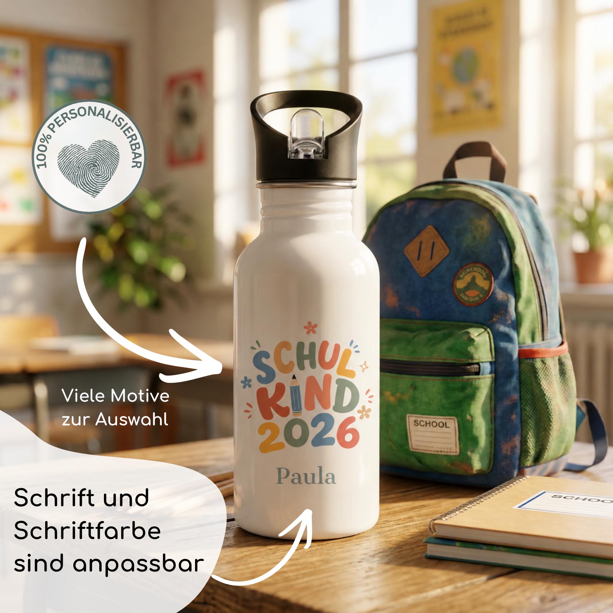 Personalisierte Trinkflasche Kinder mit Namen – Schulkind 2026 – Einschulung Geschenk – Trinkflasche personalisiert Mädchen Junge