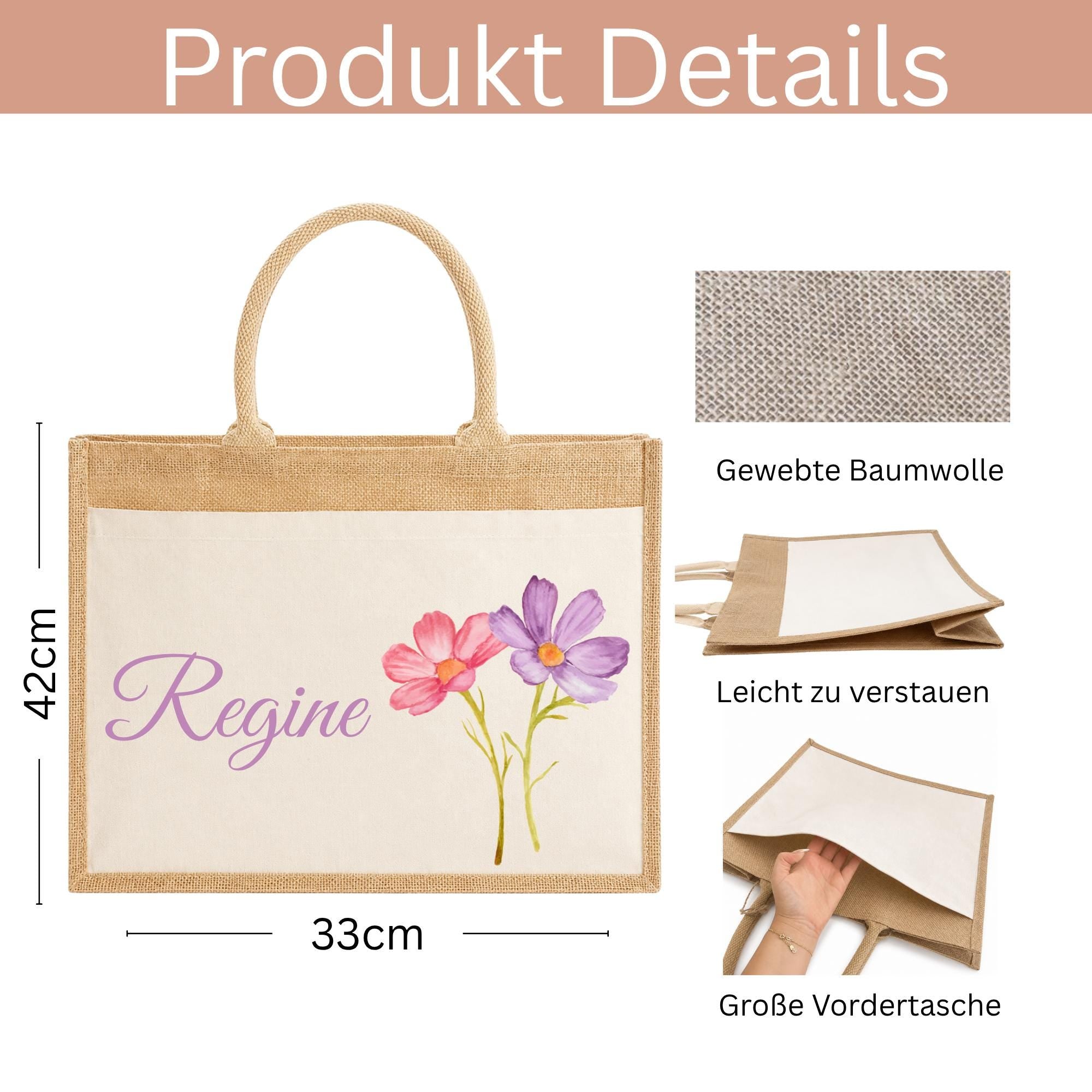 Personalisierte Jutetasche mit Name & Initial – Große Jutetasche Damen, Shopper Tasche, Einkaufstasche, Tote Bag, Design 8 Blume 4