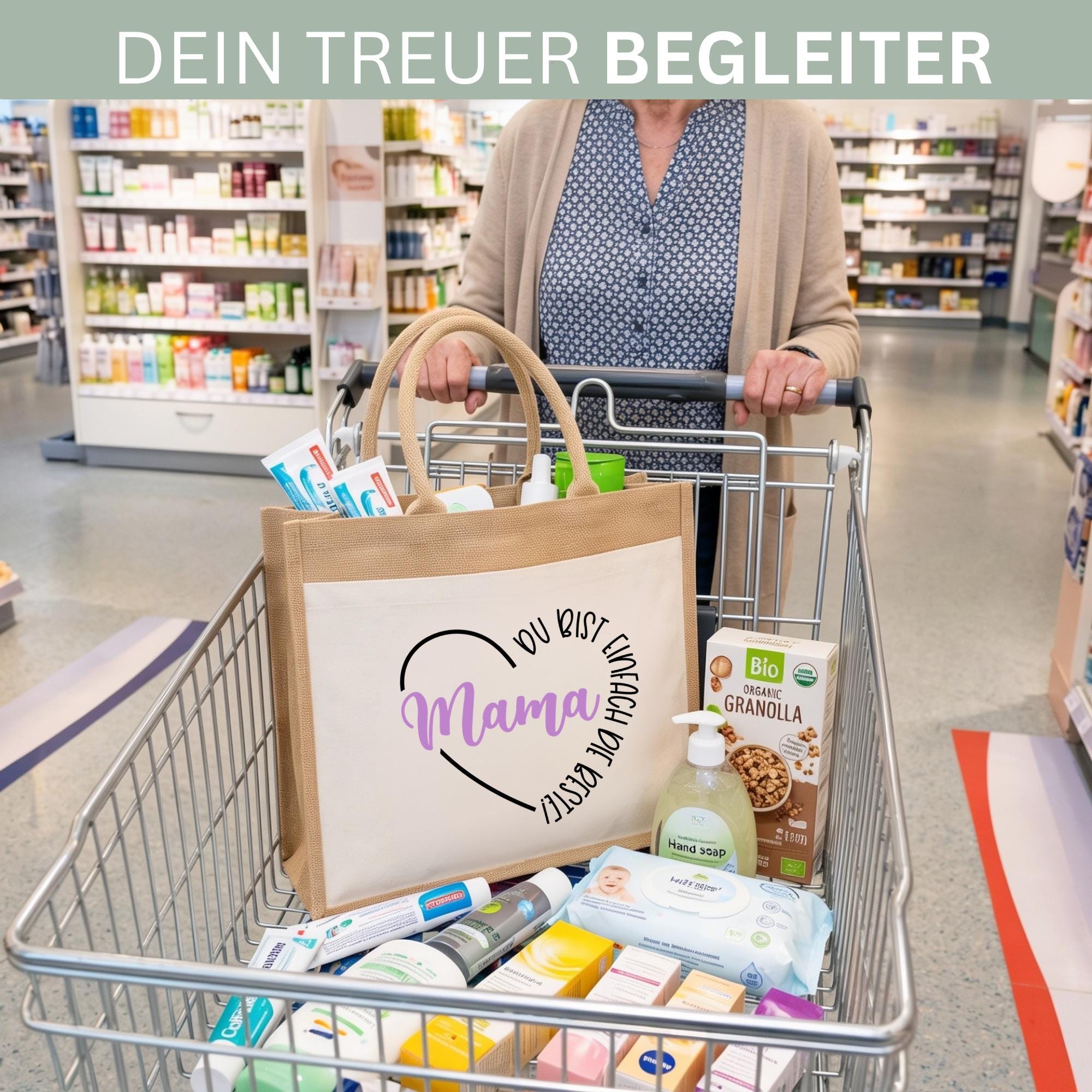 Personalisierte Jutetasche mit Name & Initial – Große Jutetasche Damen, Shopper Tasche, Einkaufstasche, Tote Bag, Design 4