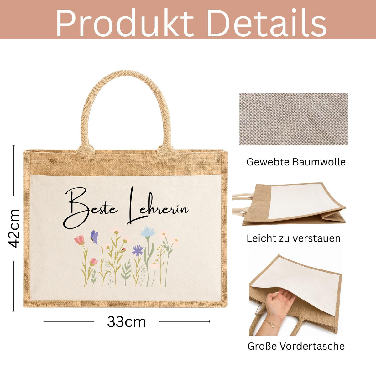Jutetasche mit Blumenwiese & Wunschtext