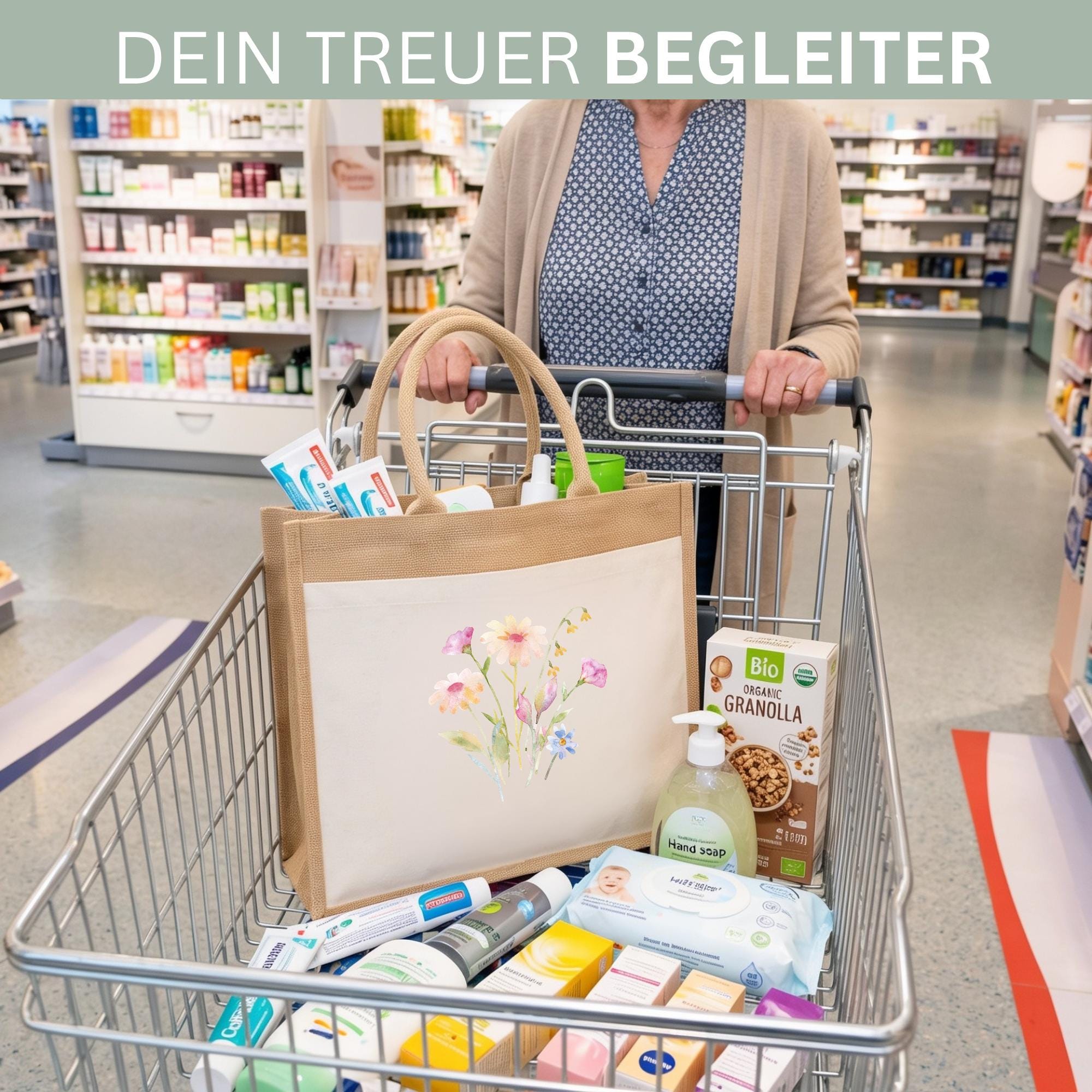 Personalisierte Jutetasche mit Name & Initial – Große Jutetasche Damen, Shopper Tasche, Einkaufstasche, Tote Bag, Design 8 Blume 2