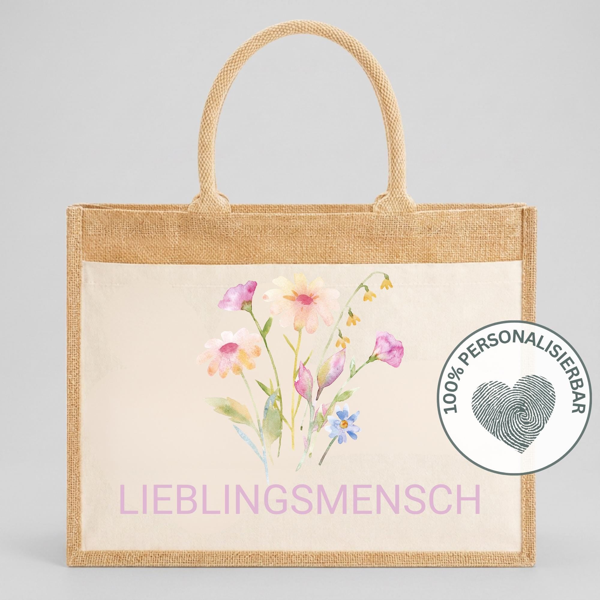 Personalisierte Jutetasche mit Name & Initial – Große Jutetasche Damen, Shopper Tasche, Einkaufstasche, Tote Bag, Design 8 Blume 2