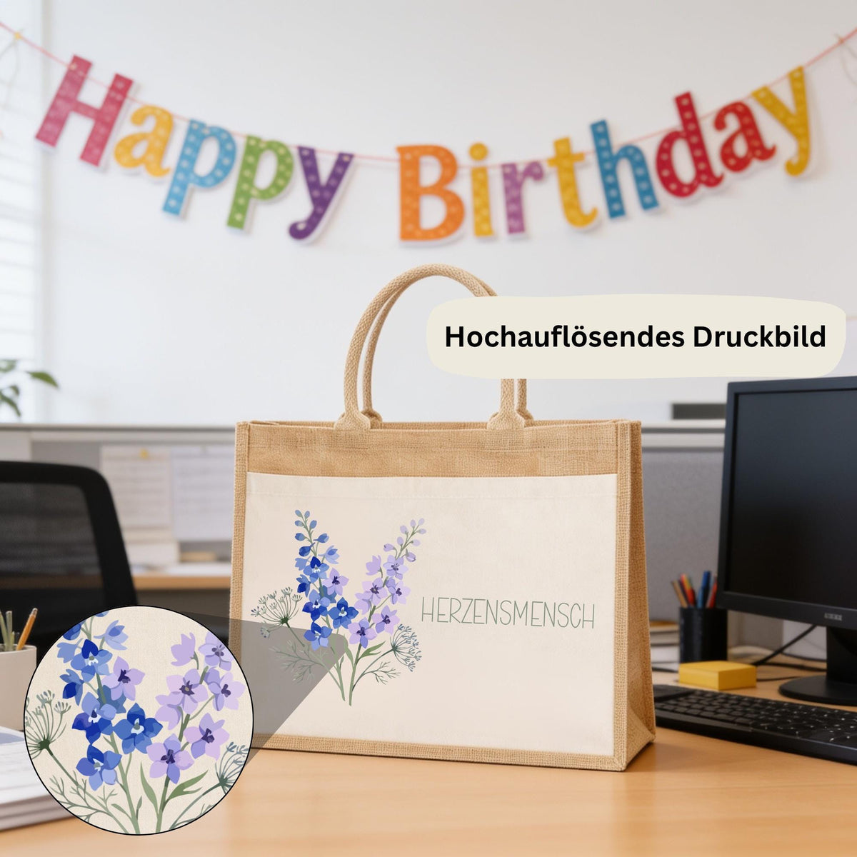 Jutetasche mit Blumen & Name