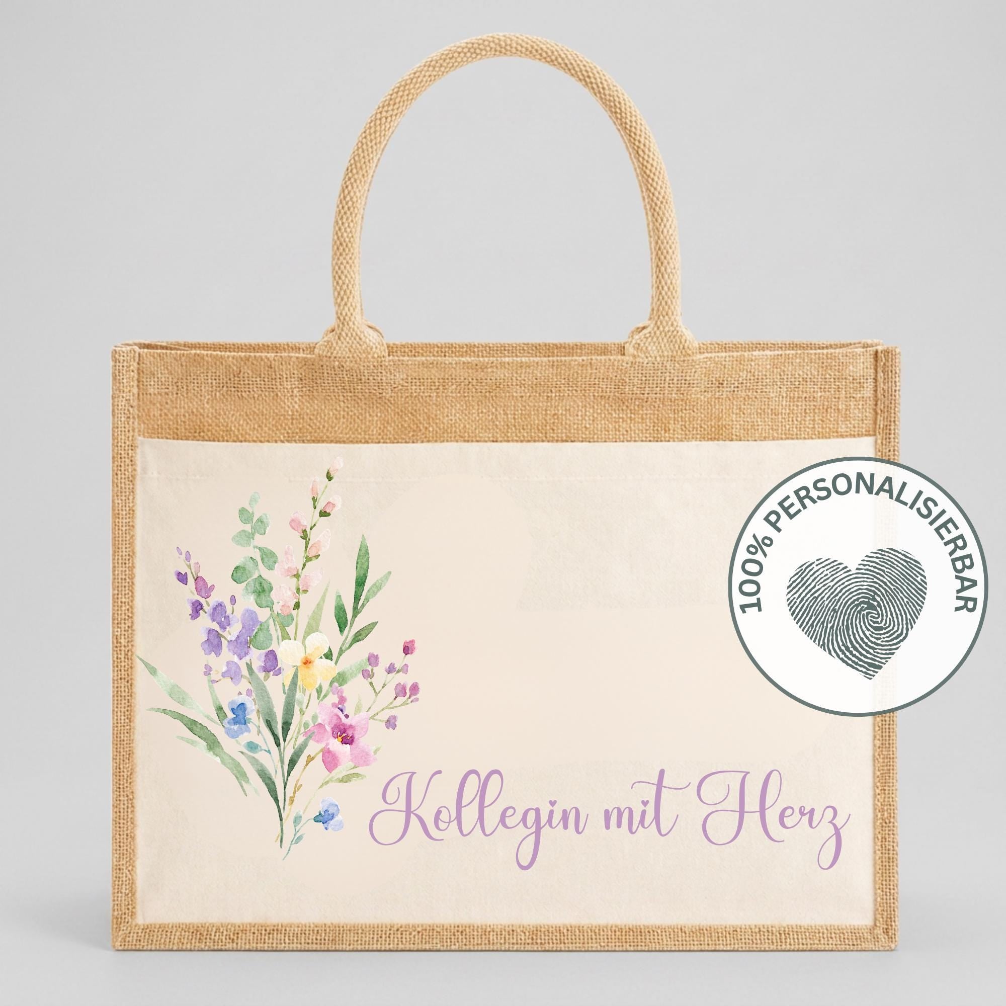 Personalisierte Jutetasche mit Name & Initial – Große Jutetasche Damen, Shopper Tasche, Einkaufstasche, Tote Bag, Design 8 Blume 3