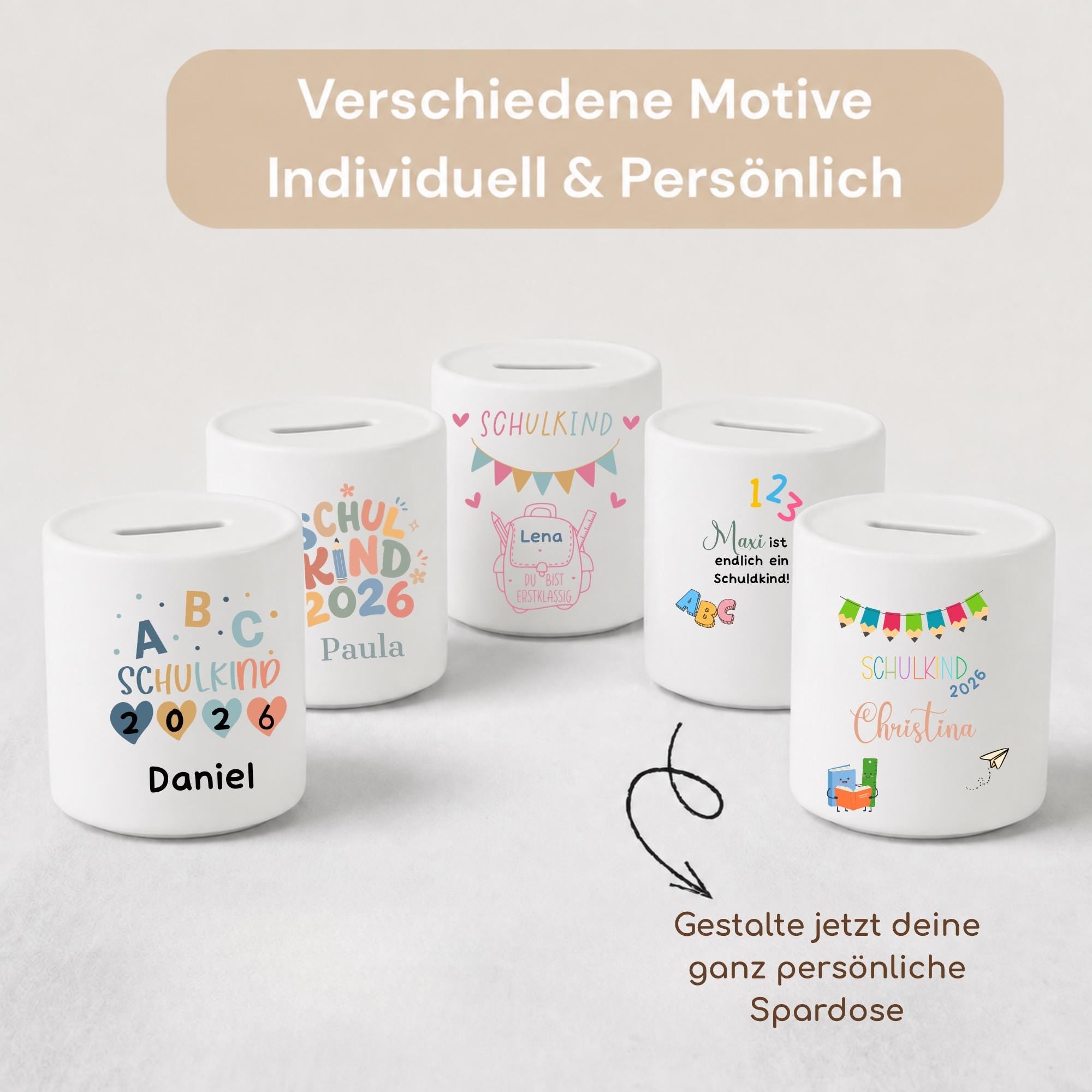 Personalisierte Spardose für Kinder aus Porzellan mit Namen, Sparbüchse, Sparschwein, Designs für Einschulung, Schulkind