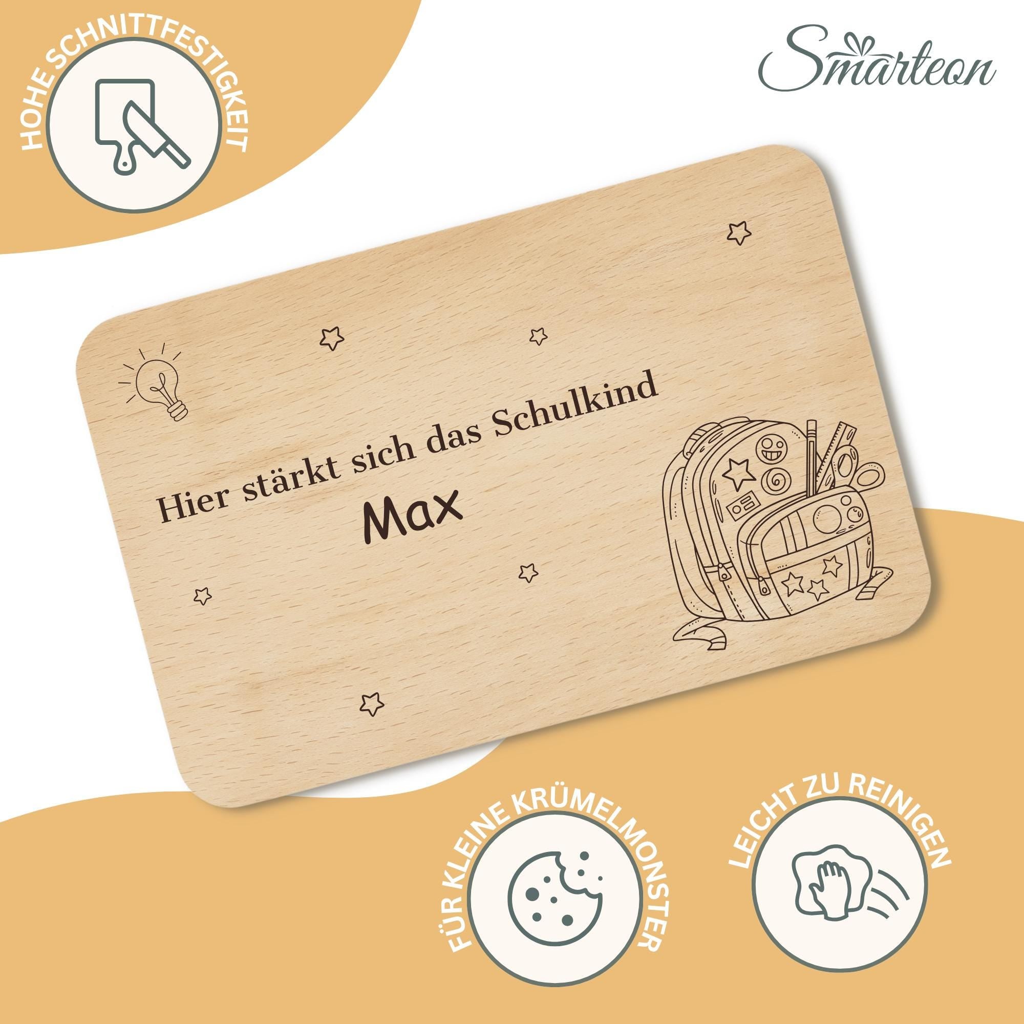 Personalisiertes Frühstücksbrettchen zur Einschulung mit Name, Holzbrettchen mit Wunschgravur – Geschenk zur Einschulung