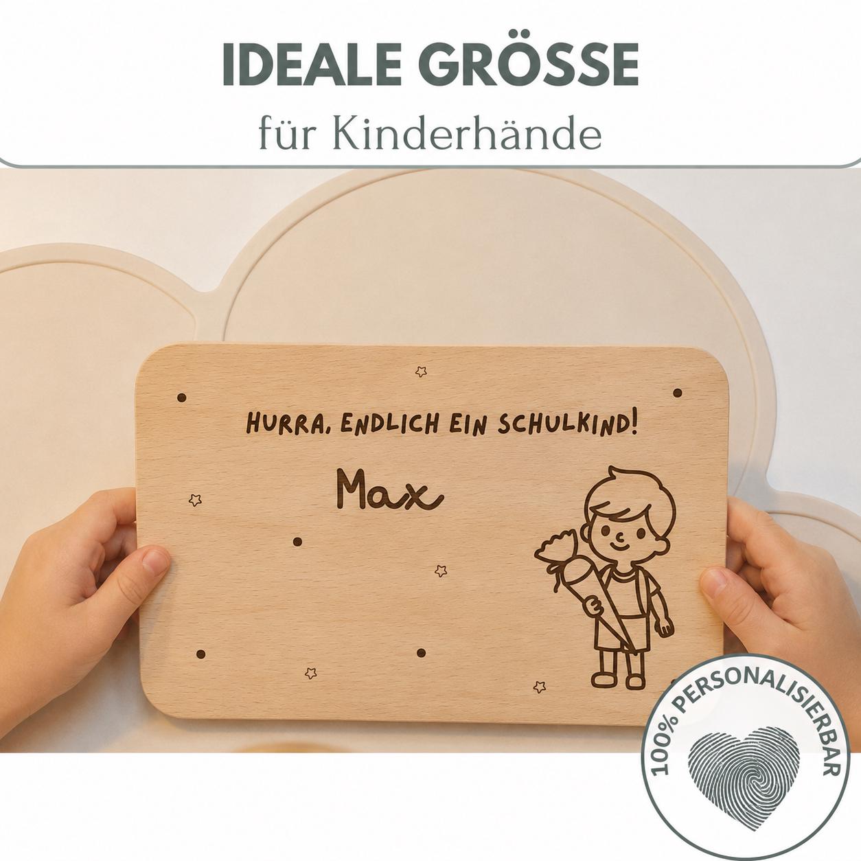 Personalisiertes Frühstücksbrettchen zur Einschulung mit Name, Holzbrettchen mit Wunschgravur, Geschenk zur Einschulung