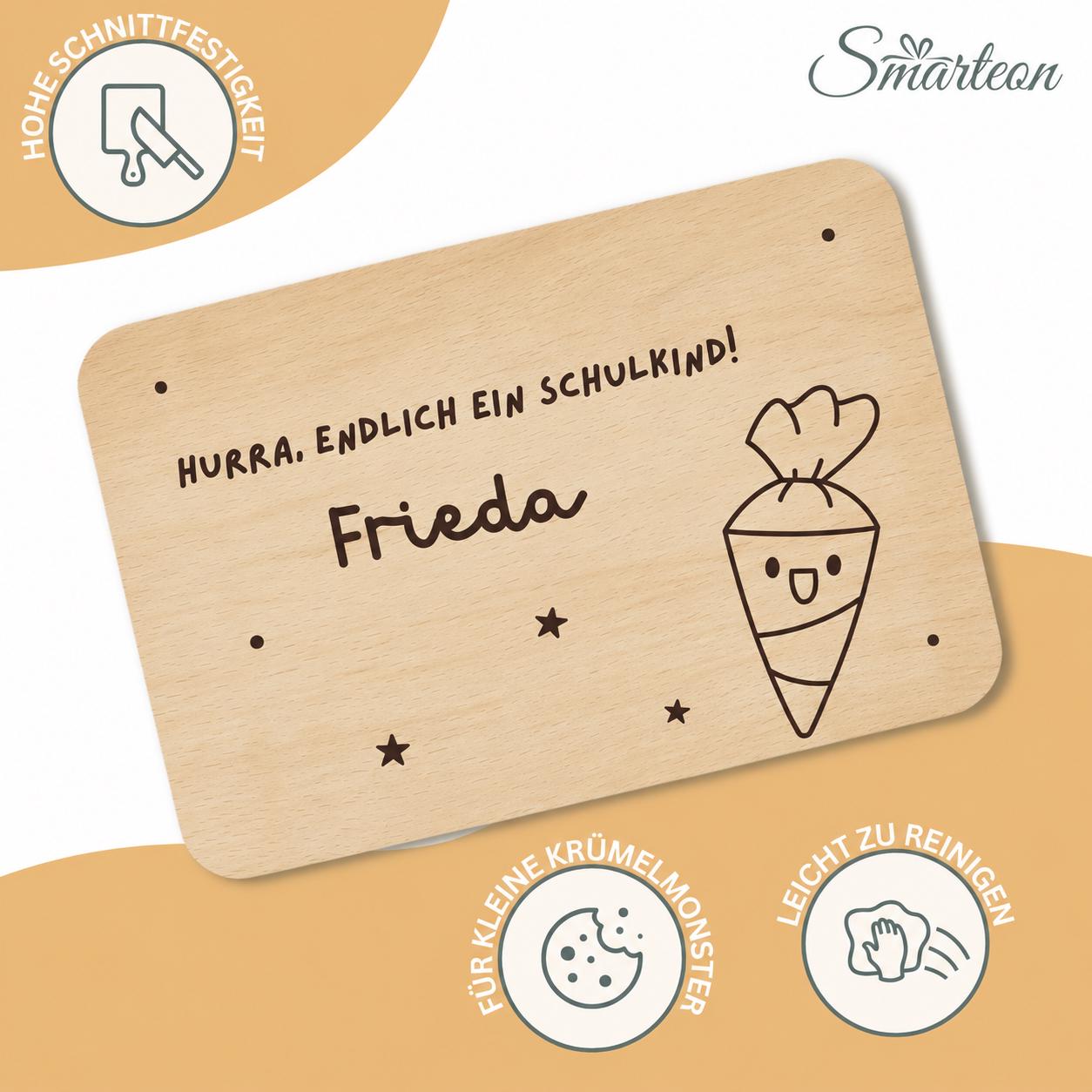 Personalisiertes Frühstücksbrettchen zur Einschulung mit Name, Holzbrettchen mit Wunschgravur, Geschenk zur Einschulung