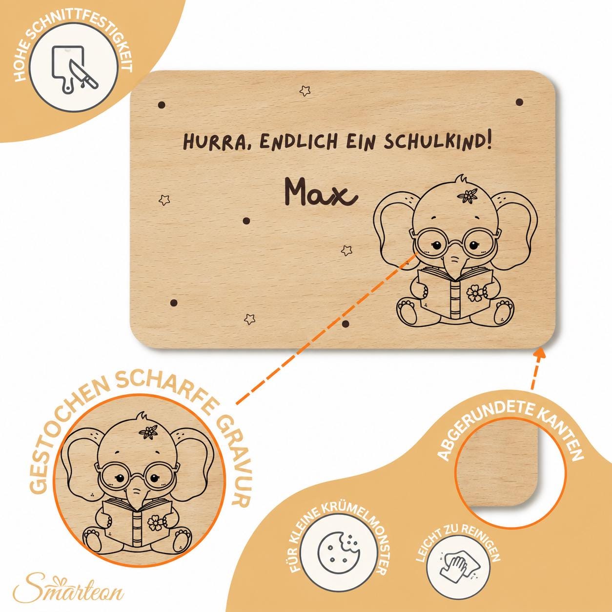 Personalisiertes Frühstücksbrettchen zur Einschulung mit Name, Holzbrettchen mit Wunschgravur, Geschenk zur Einschulung