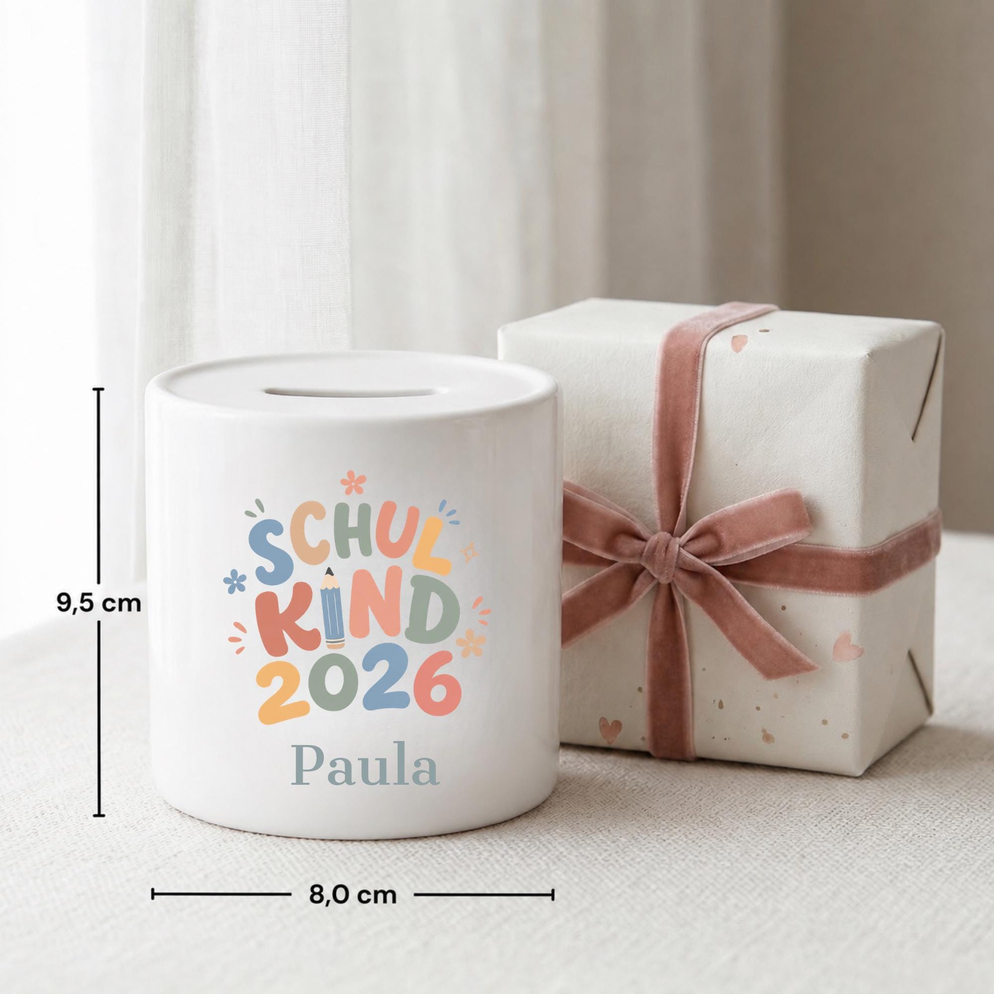 Personalisierte Spardose für Kinder aus Porzellan mit Namen, Sparbüchse, Sparschwein, Designs für Einschulung, Schulkind