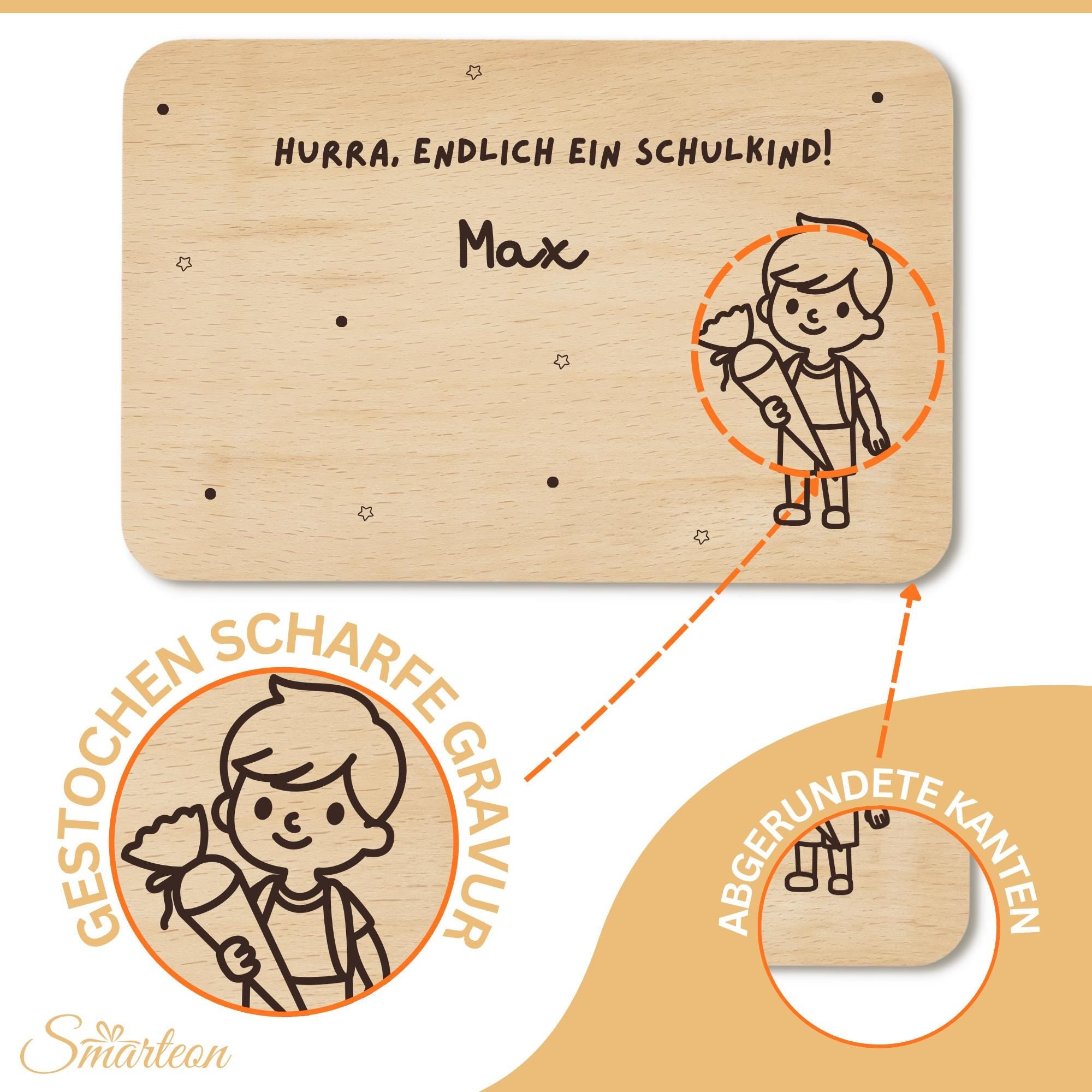 Personalisiertes Frühstücksbrettchen zur Einschulung mit Name, Holzbrettchen mit Wunschgravur – Geschenk zur Einschulung