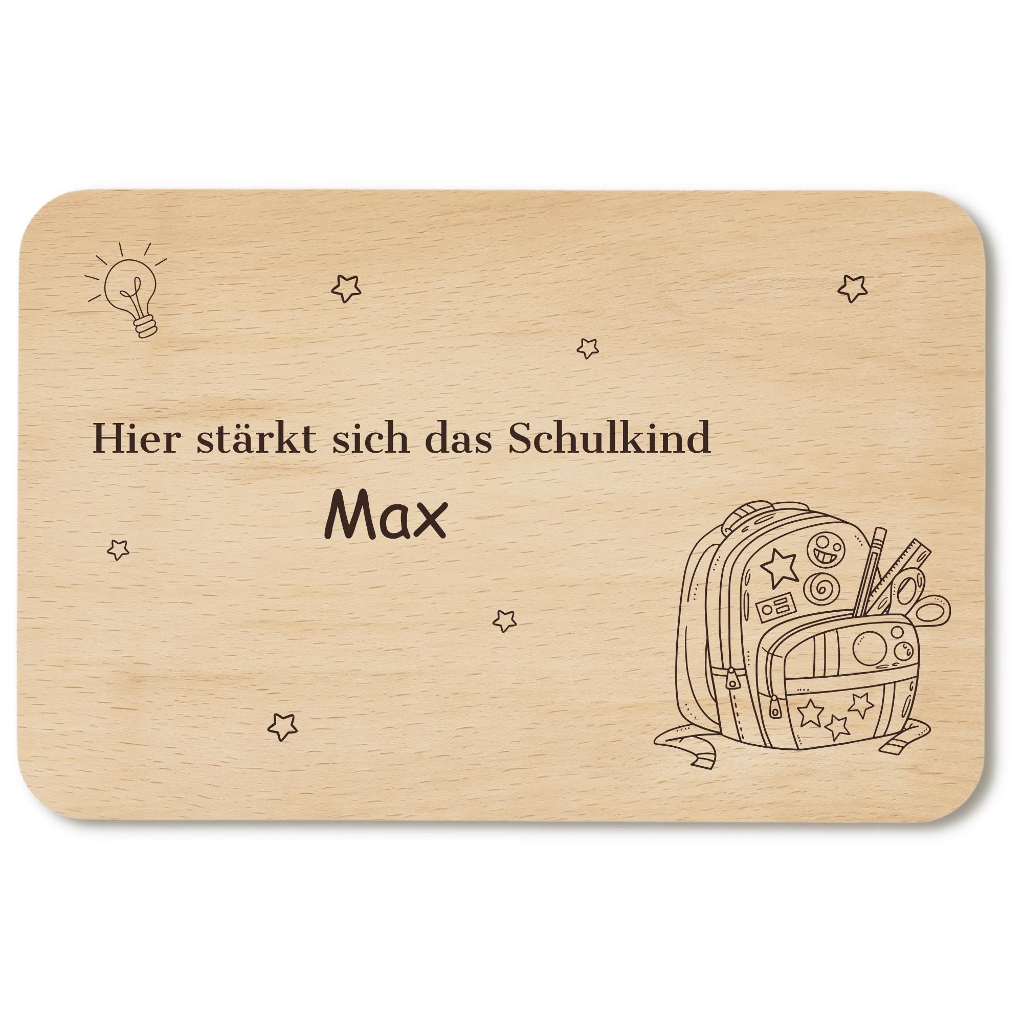 Personalisiertes Frühstücksbrettchen zur Einschulung mit Name, Holzbrettchen mit Wunschgravur – Geschenk zur Einschulung