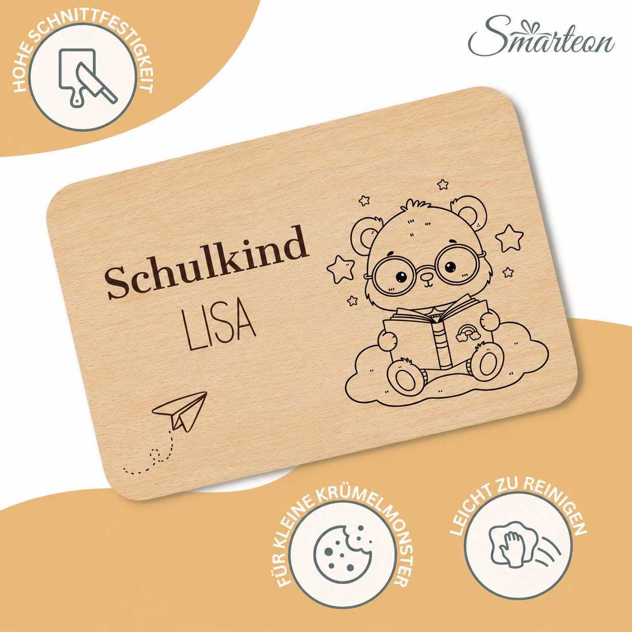 Personalisiertes Frühstücksbrettchen zur Einschulung mit Name, Holzbrettchen mit Wunschgravur, Geschenk zur Einschulung