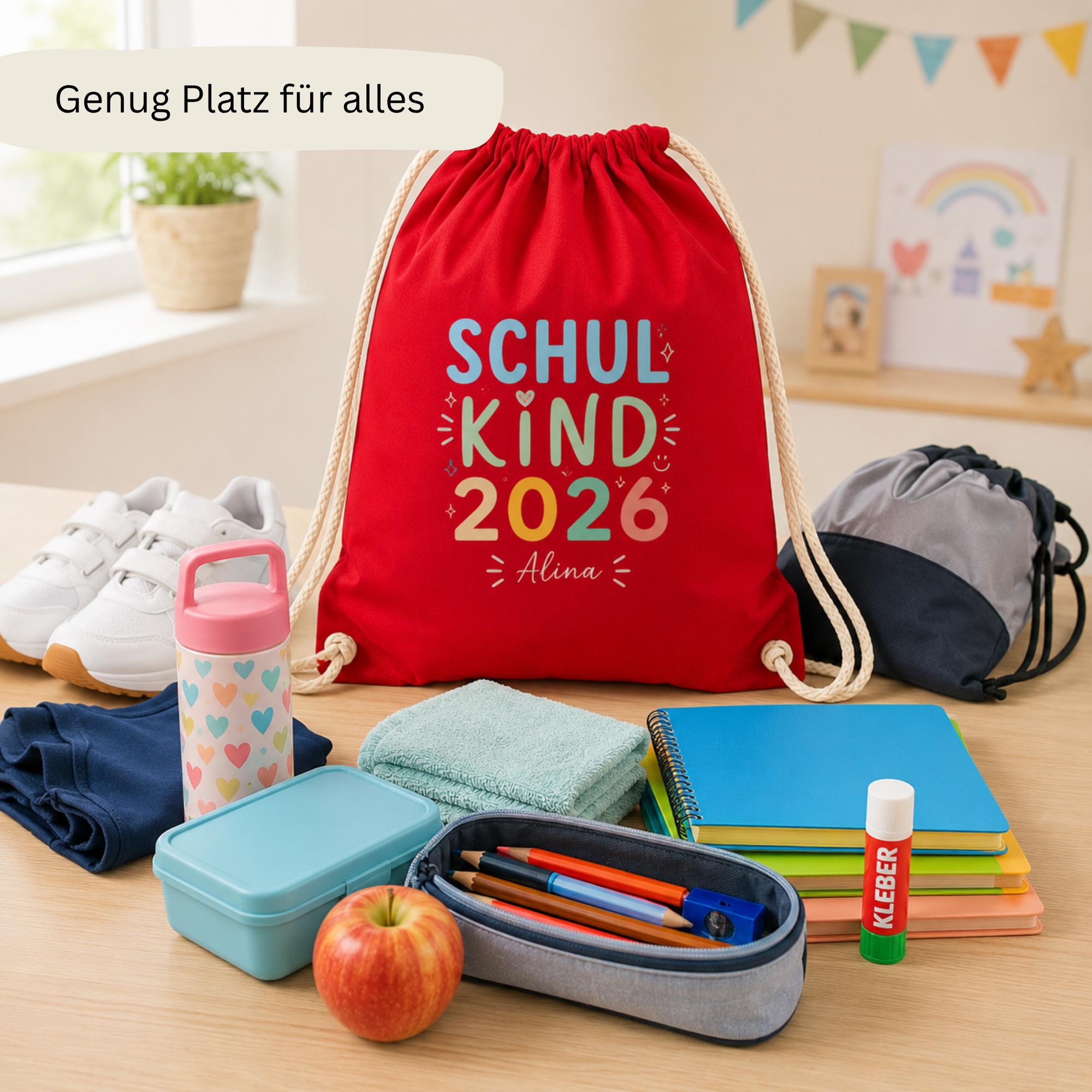 Personalisierter Turnbeutel, Schulkind 2026, Sportbeutel, personalisiert für Schule & Einschulung, Geschenk zum Schulstart in 5 Farben