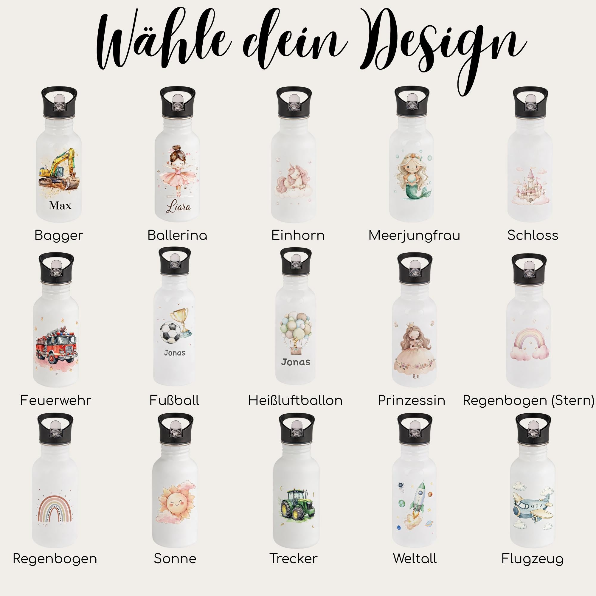 Personalisierte Trinkflasche für Kinder, Flasche mit Namen und Motiv, Geschenk für Junge und Mädchen
