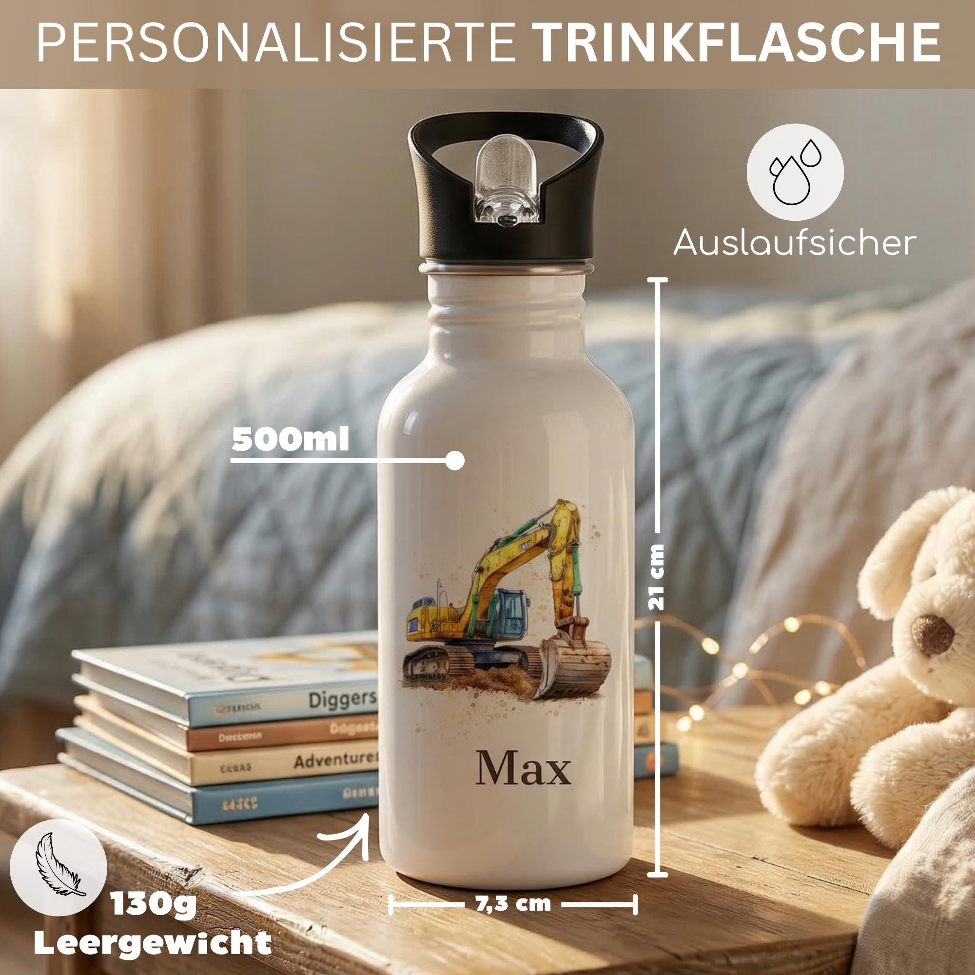 Personalisierte Trinkflasche für Kinder, Flasche mit Namen und Motiv, Geschenk für Junge und Mädchen