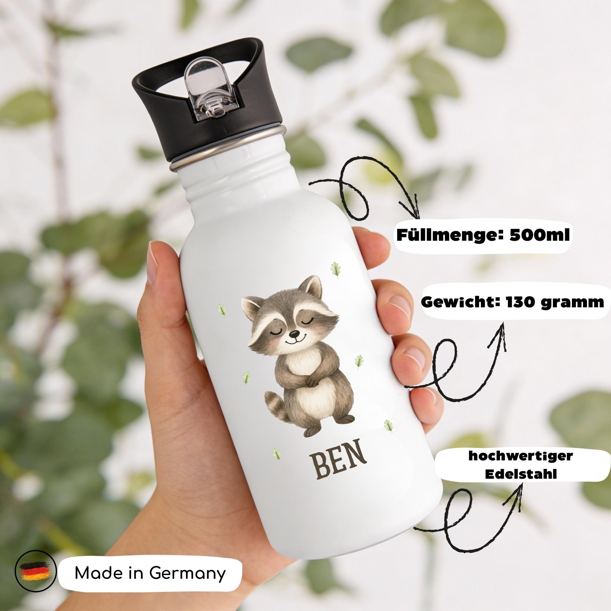 Personalisierte Trinkflasche für Kinder, Flasche mit Namen und Tiermotiv, Geschenk für Junge und Mädchen