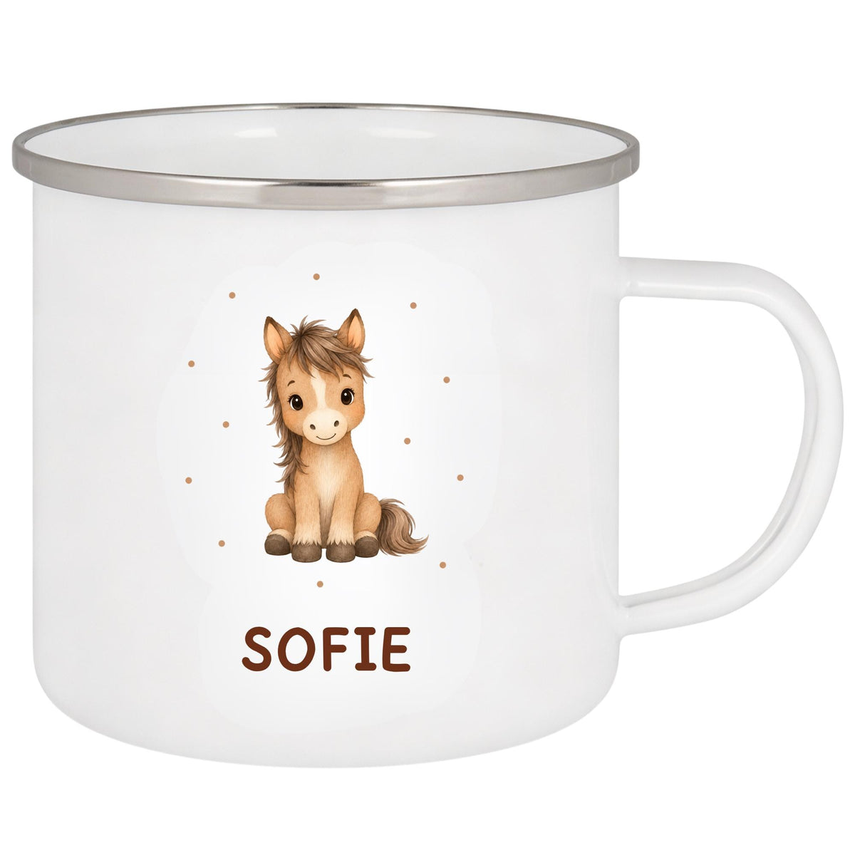 Personalisierte Emailletasse mit Namen – individuelles Geschenk für Kinder, Kinder Becher 330 ml, leichte Emaille Tasse, Tiermotive