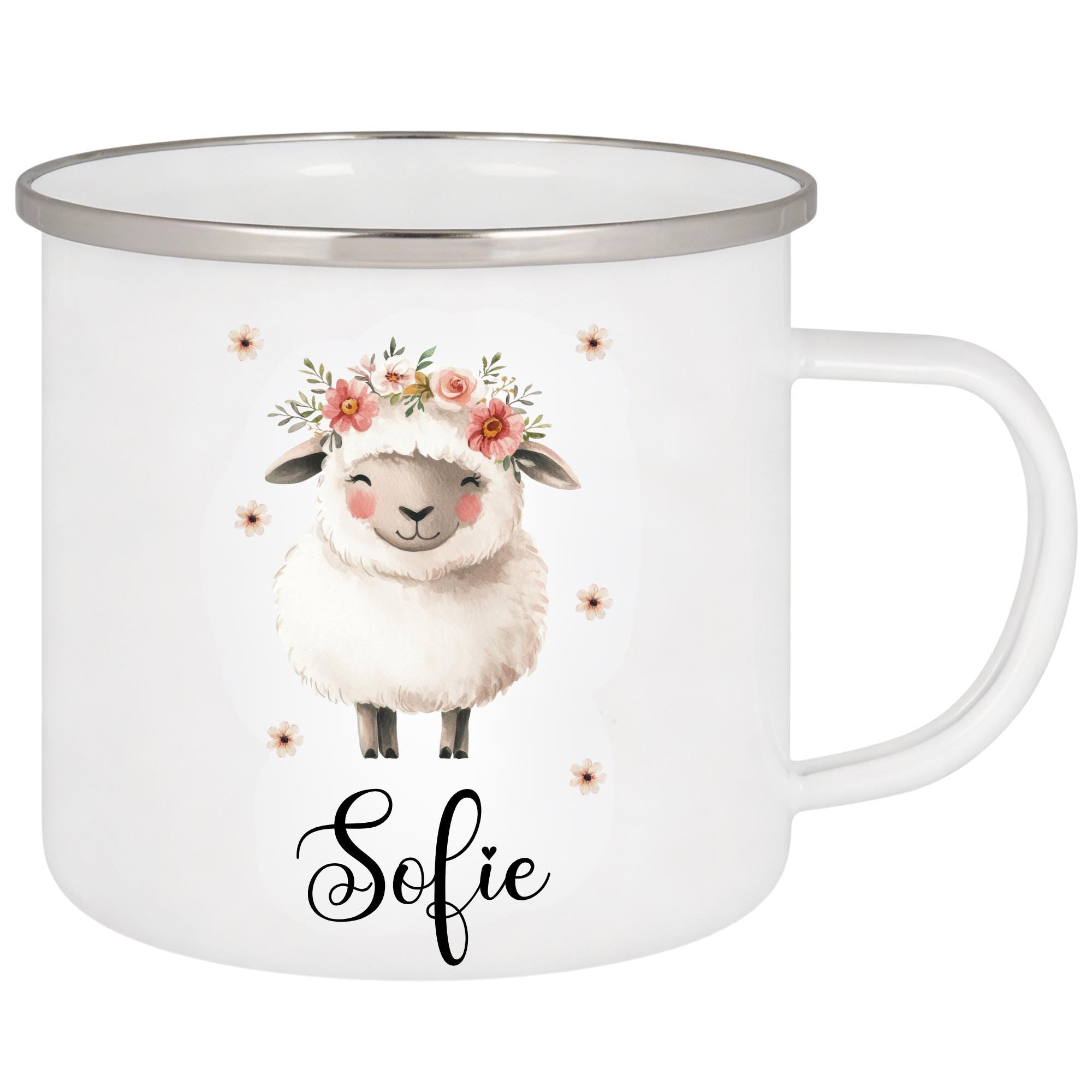 Personalisierte Emailletasse mit Namen – individuelles Geschenk für Kinder, Kinder Becher 330 ml, leichte Emaille Tasse, Tiermotive