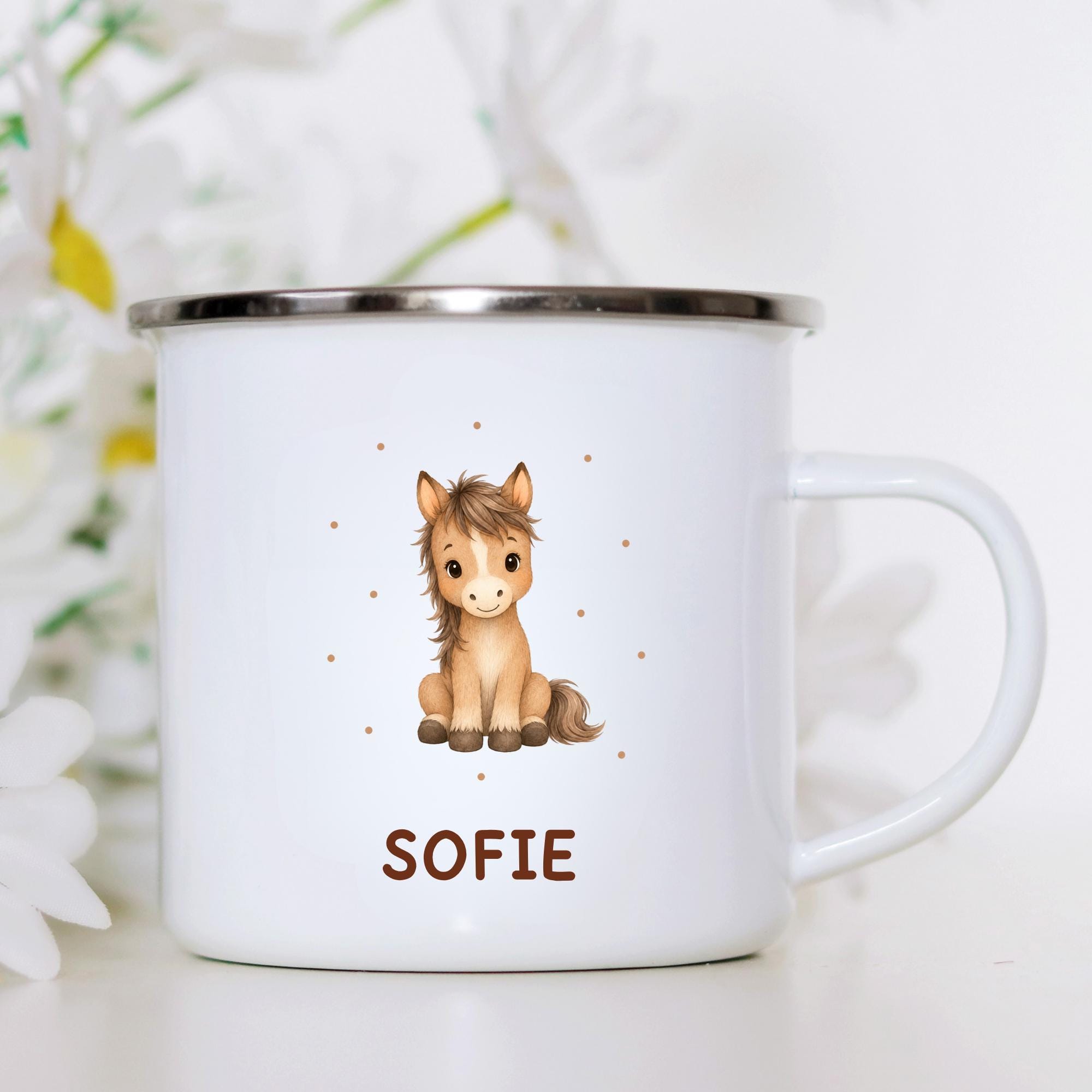 Personalisierte Emailletasse mit Namen – individuelles Geschenk für Kinder, Kinder Becher 330 ml, leichte Emaille Tasse, Tiermotive