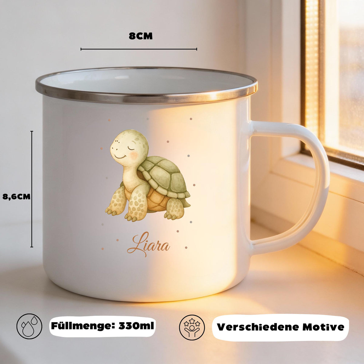 Personalisierte Emailletasse mit Namen – individuelles Geschenk für Kinder, Kinder Becher 330 ml, leichte Emaille Tasse, Tiermotive
