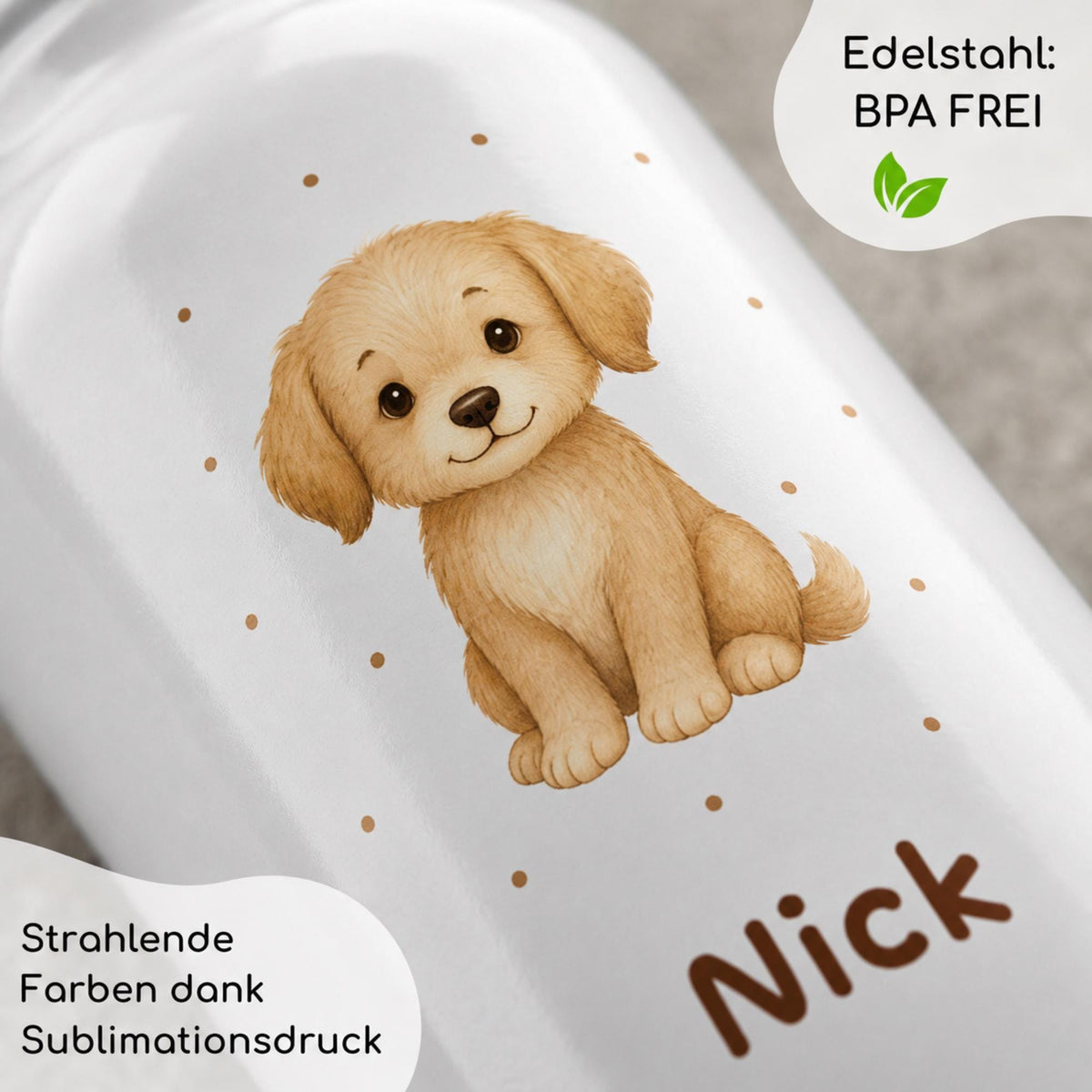 Personalisierte Trinkflasche für Kinder, Flasche mit Namen und Tiermotiv, Geschenk für Junge und Mädchen
