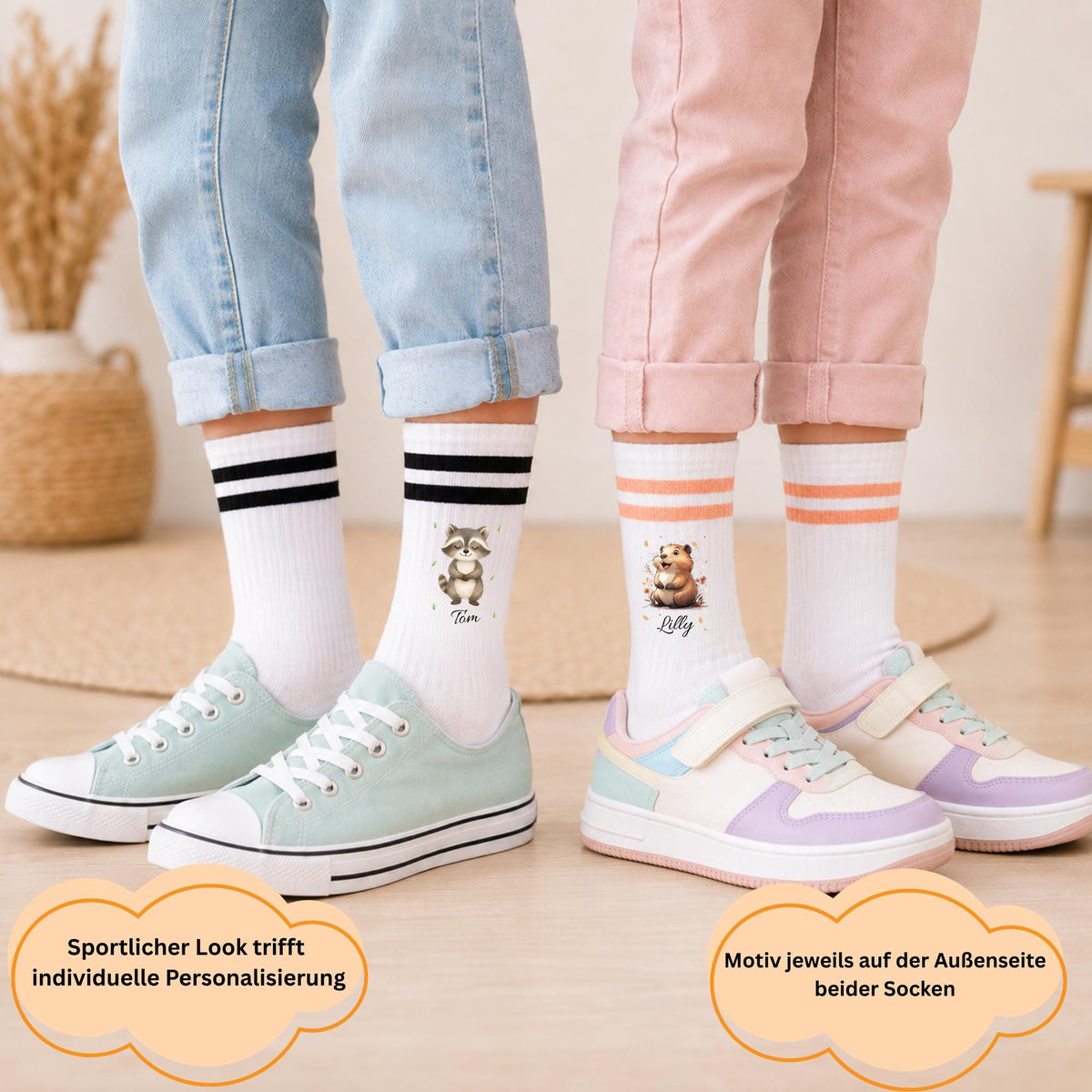 Personalisierte Socken mit Namen und Tiermotiv, Kindersocken für Jungen & Mädchen, 16 süße Tiermotive zur Auswahl, individuelles Geschenk