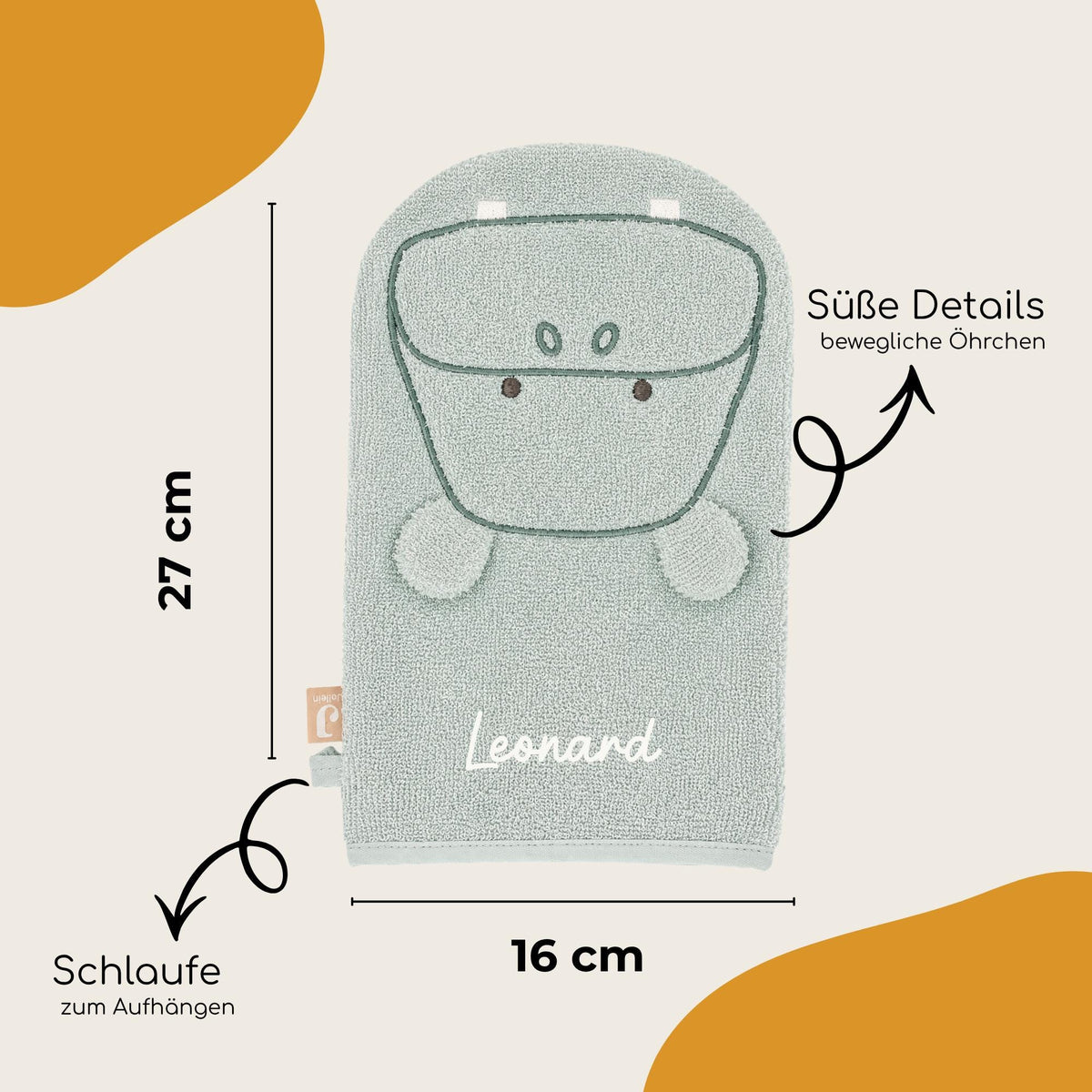 Personalisierter Waschhandschuh Kinder mit Name, Tier Waschlappen, Hund Katze Schaf Nilpferd, persönliches Geschenk