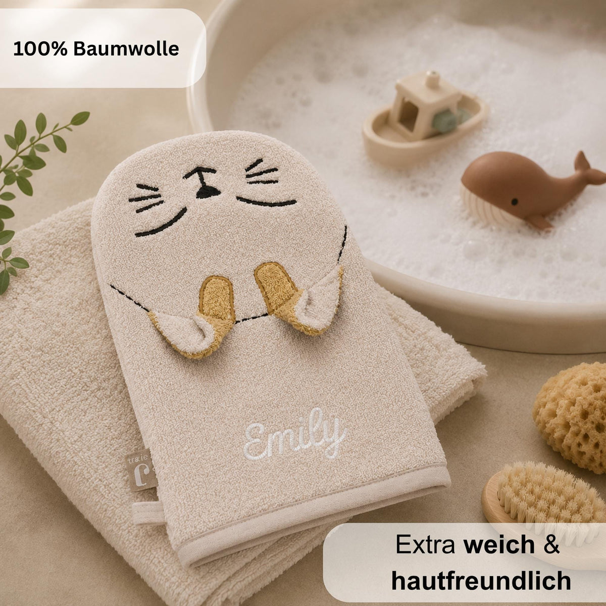 Personalisierter Waschhandschuh Kinder mit Name, Tier Waschlappen, Hund Katze Schaf Nilpferd, persönliches Geschenk