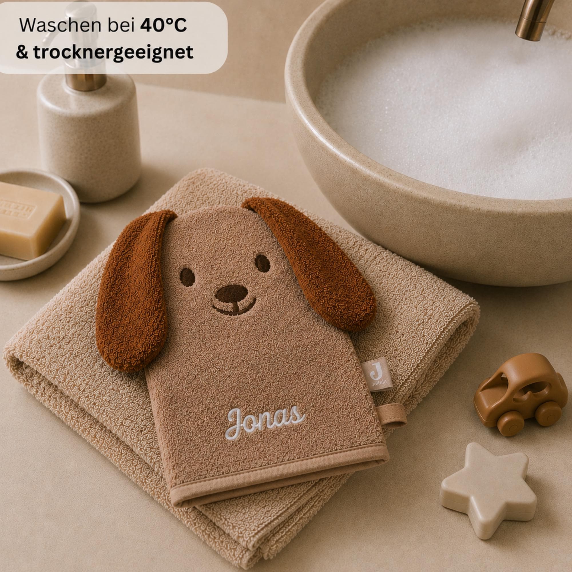 Personalisierter Waschhandschuh Kinder mit Name, Tier Waschlappen, Hund Katze Schaf Nilpferd, persönliches Geschenk