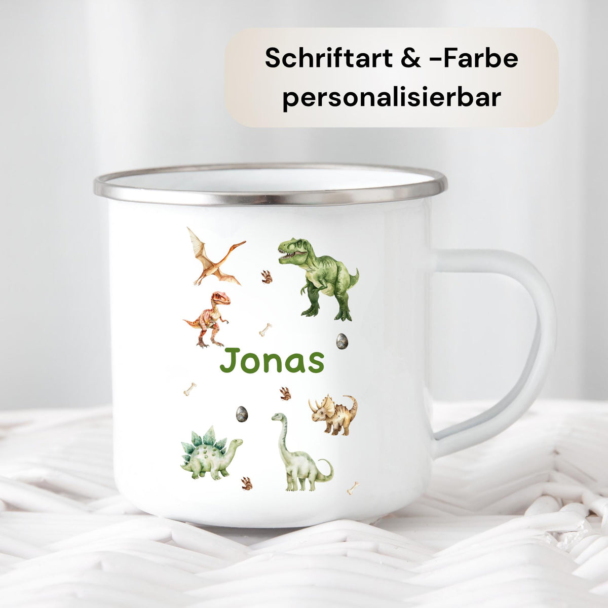 Personalisierte Emailletasse mit Namen – individuelles Geschenk für Kinder, Kinder Becher 330 ml, leichte Emaille Tasse, Tiermotive