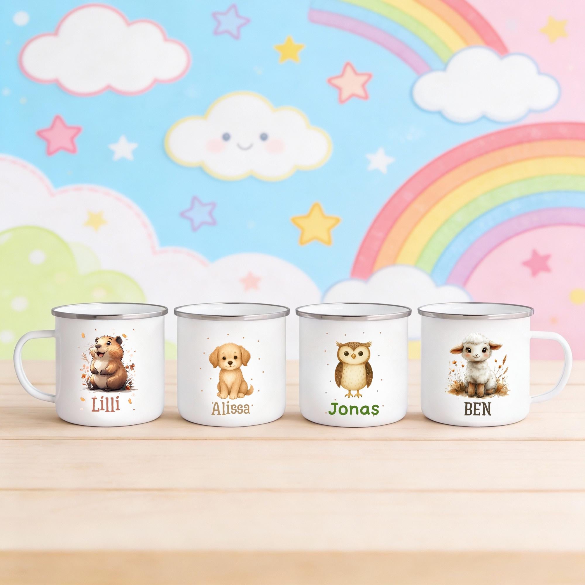 Personalisierte Emailletasse mit Namen – individuelles Geschenk für Kinder, Kinder Becher 330 ml, leichte Emaille Tasse, Tiermotive