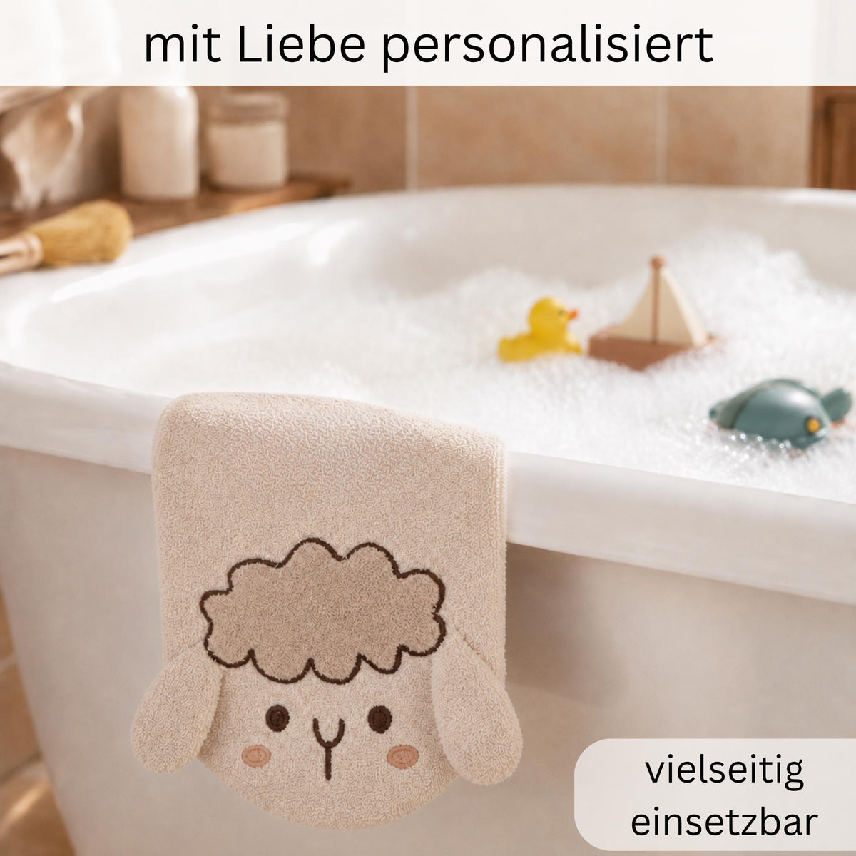 Personalisierter Waschhandschuh Kinder mit Name, Tier Waschlappen, Hund Katze Schaf Nilpferd, persönliches Geschenk