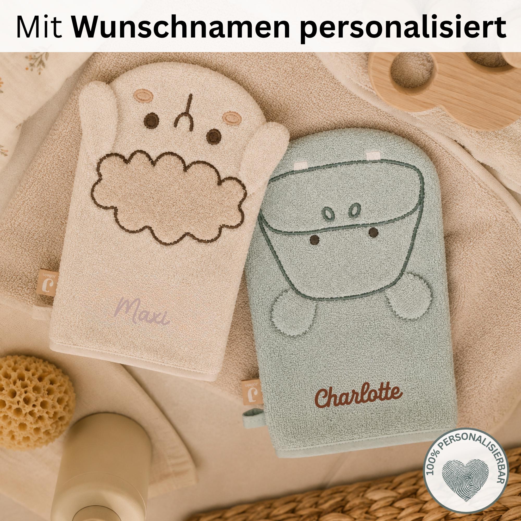 Personalisierter Waschhandschuh Kinder mit Name, Tier Waschlappen, Hund Katze Schaf Nilpferd, persönliches Geschenk