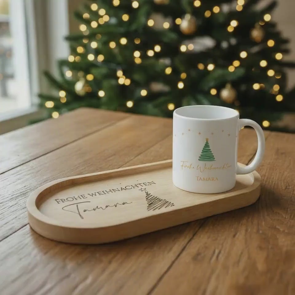 Personalisiertes Serviertablett mit Tasse - Holztablett mit Gravur als Weihnachtsgeschenk - Persönliches Geschenk Weihnachten