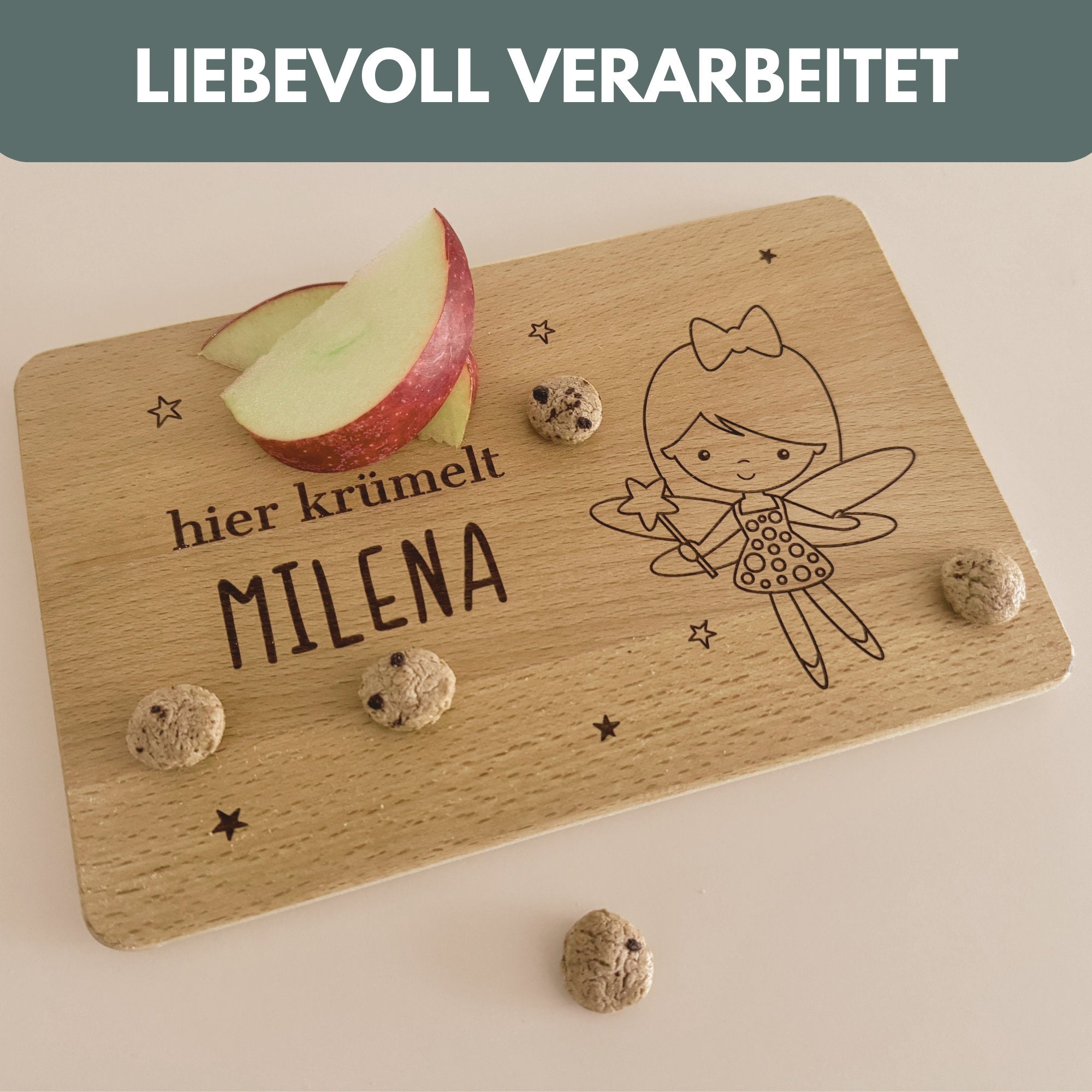 Frühstücksbrettchen Fee mit Namen - Individuelles Holzbrett für Kinder mit Gravur